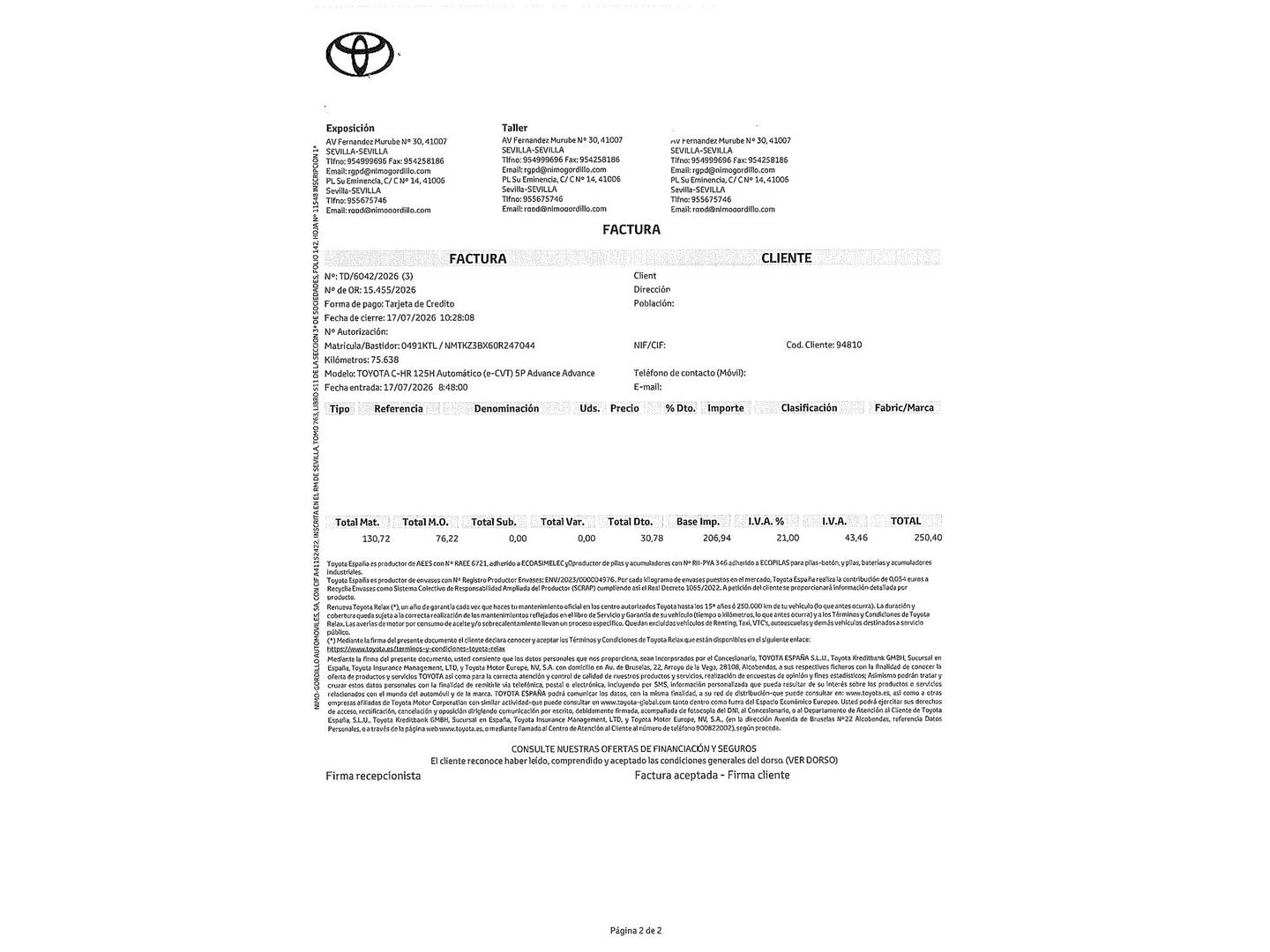 Foto del mantenimiento del Toyota C-HR Toyota C-HR 1.8 125H Advance (122 CV)