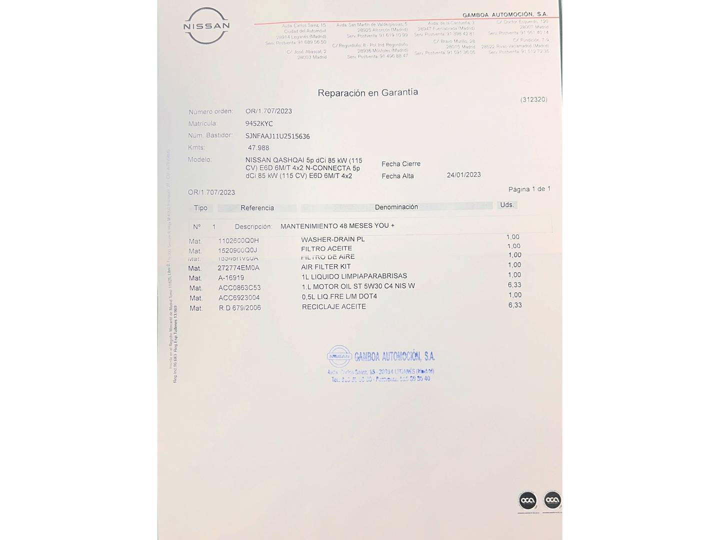 Foto del mantenimiento del Nissan QASHQAI Nissan Qashqai dCi 115 N-Connecta (115 CV)