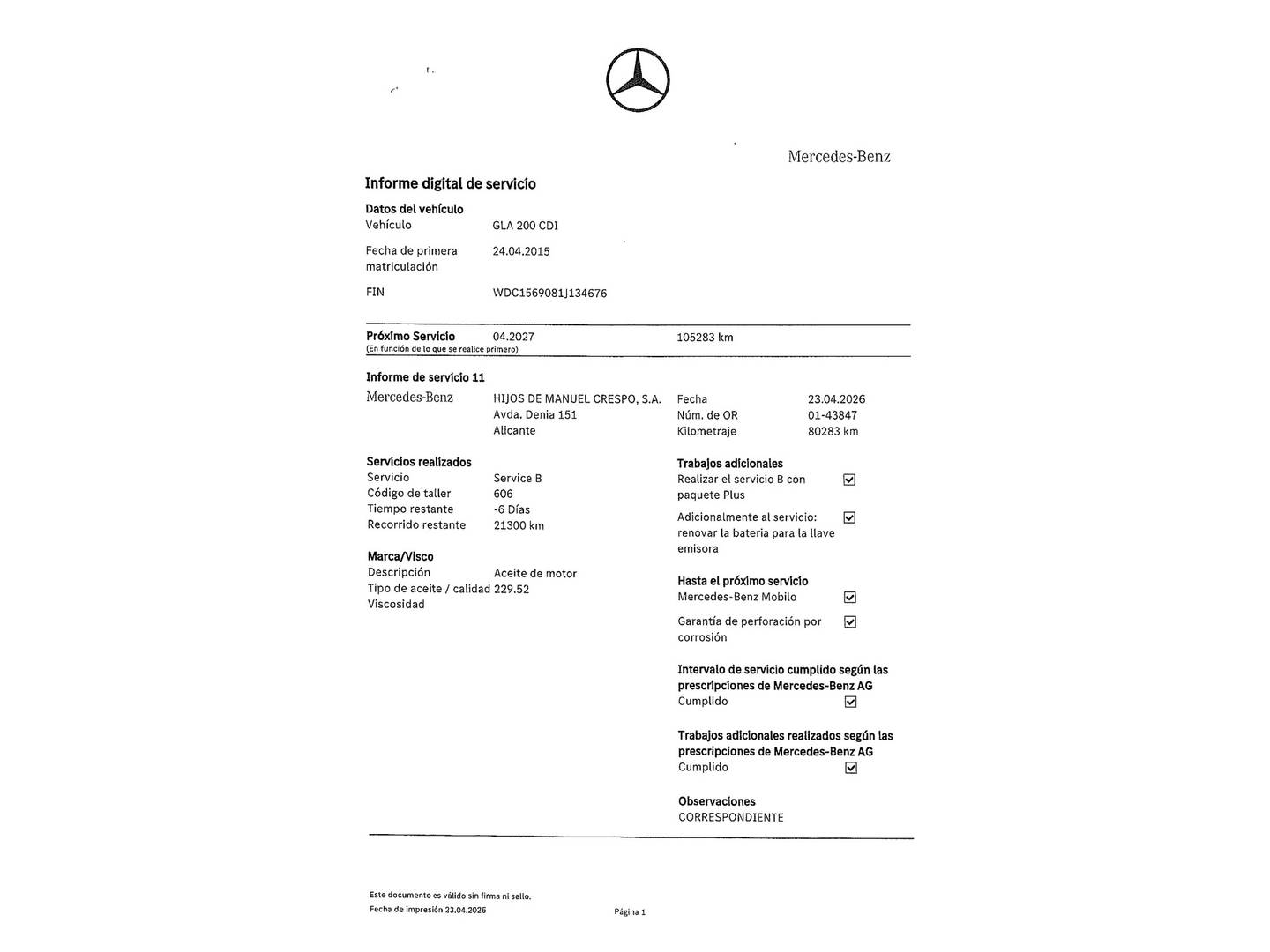 Foto del mantenimiento del Mercedes GLA Mercedes GLA GLA 200 d Urban (136 CV)