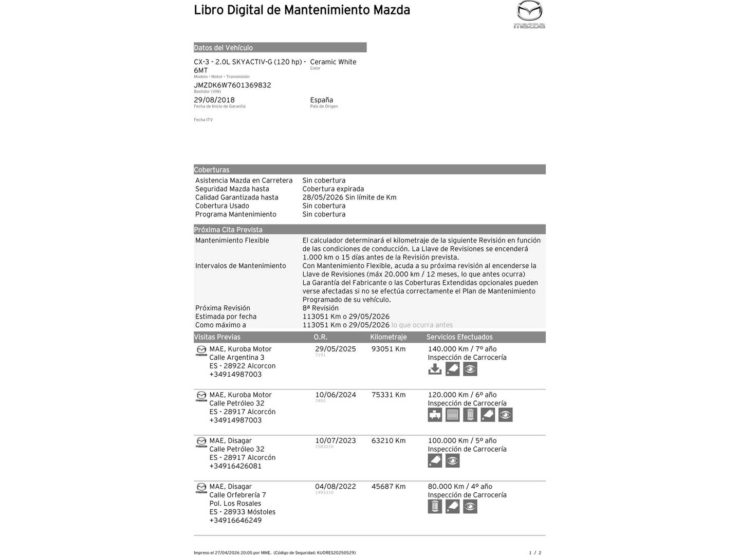 Foto del mantenimiento del Mazda CX-3 Mazda CX-3 2.0 SKYACTIV GE Luxury 2WD  (120 CV)