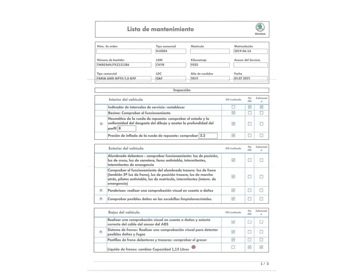Foto del certificado del Skoda Fabia Skoda Fabia 1.0 MPI Like (75 CV)