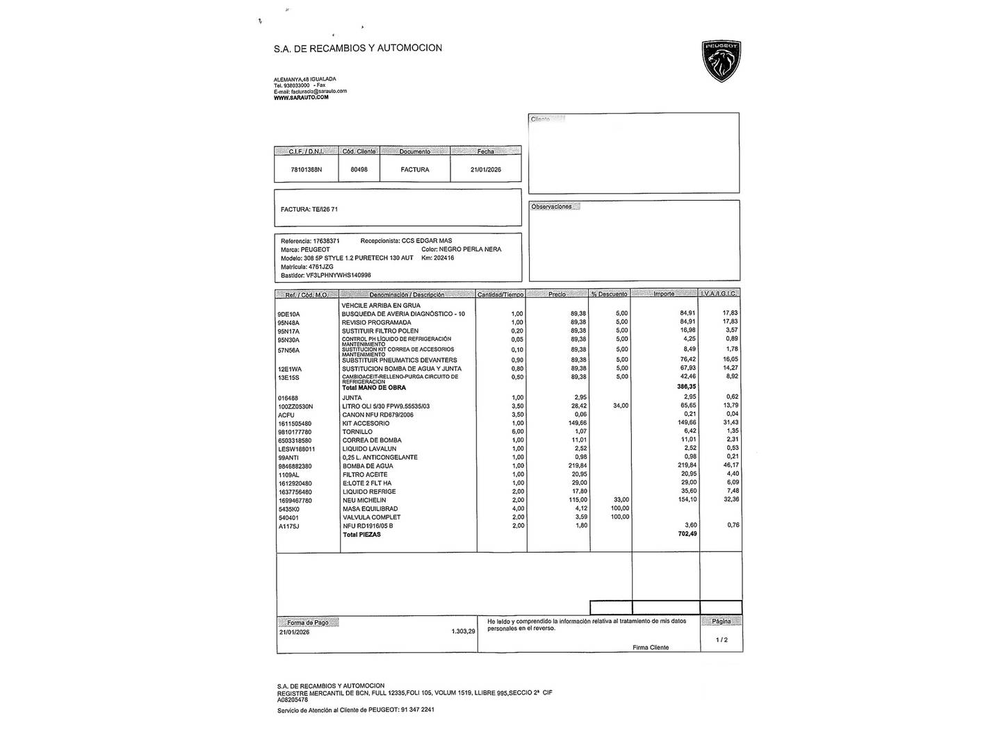 Foto del mantenimiento del Peugeot 308 Peugeot 308 PureTech 130 S&S Style S EAT6 (130 CV)