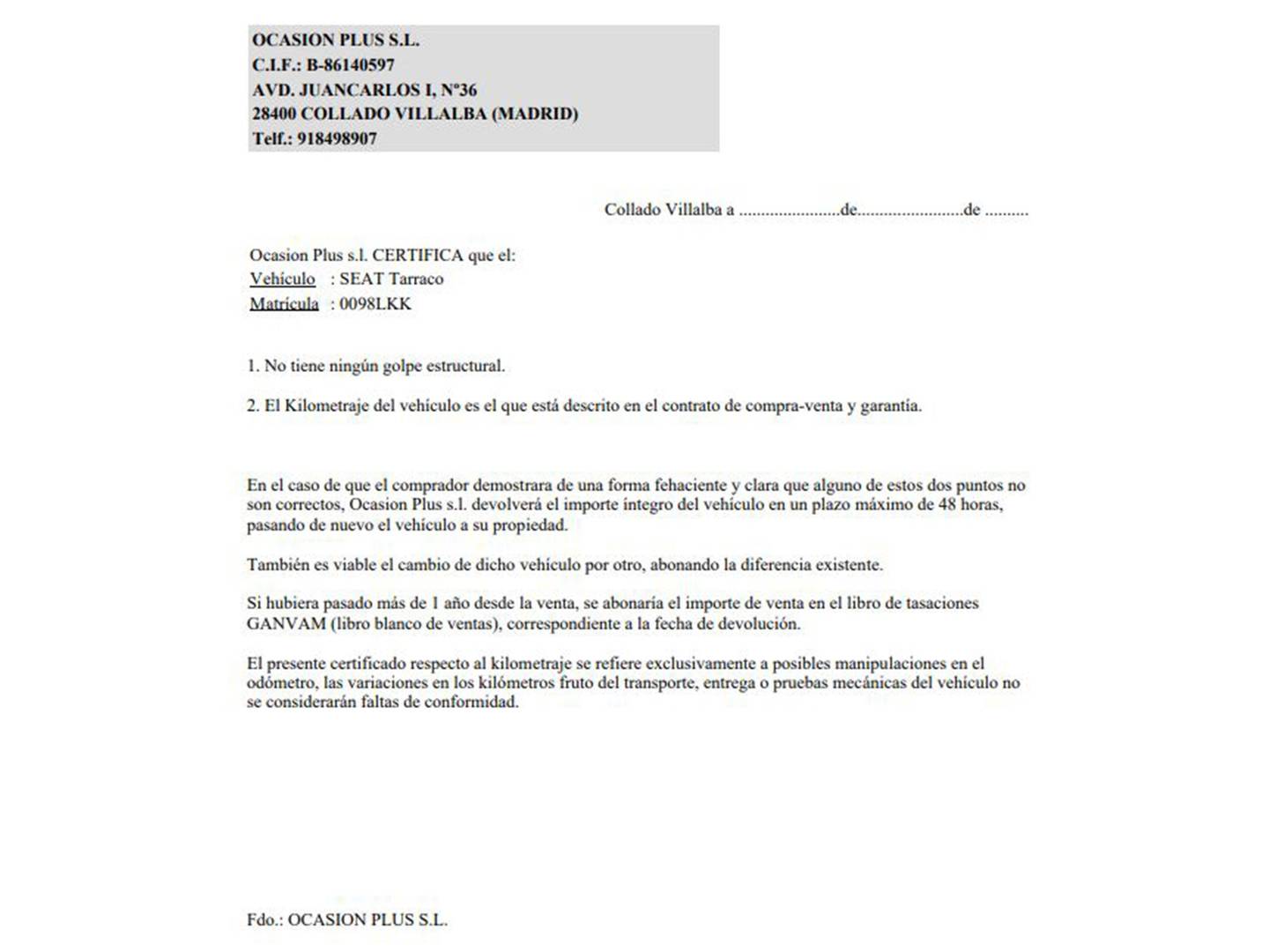 Foto del certificado del Seat Tarraco Seat Tarraco 1.5 TSI S&S Style Plus (150 CV)