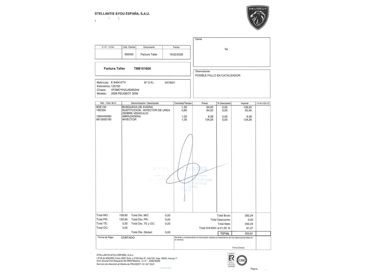 Foto del mantenimiento del Peugeot 3008 Peugeot 3008 BlueHDI 130 S&S Allure (130 CV)