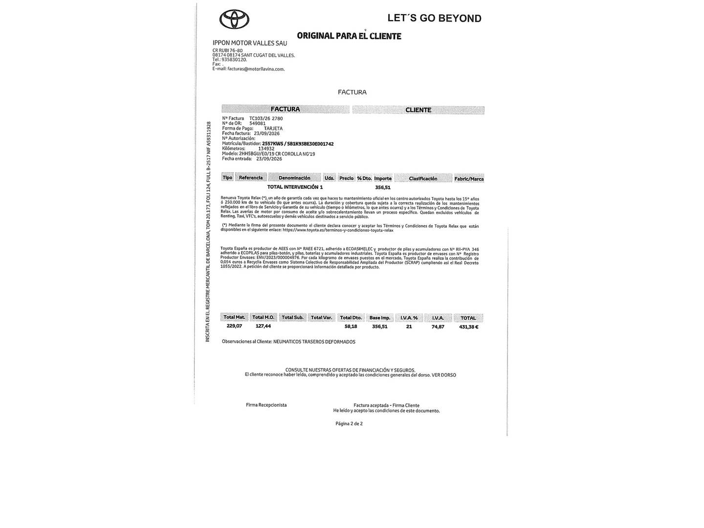 Foto del mantenimiento del Toyota Corolla Toyota Corolla 125H Active E-CVT (122 CV)