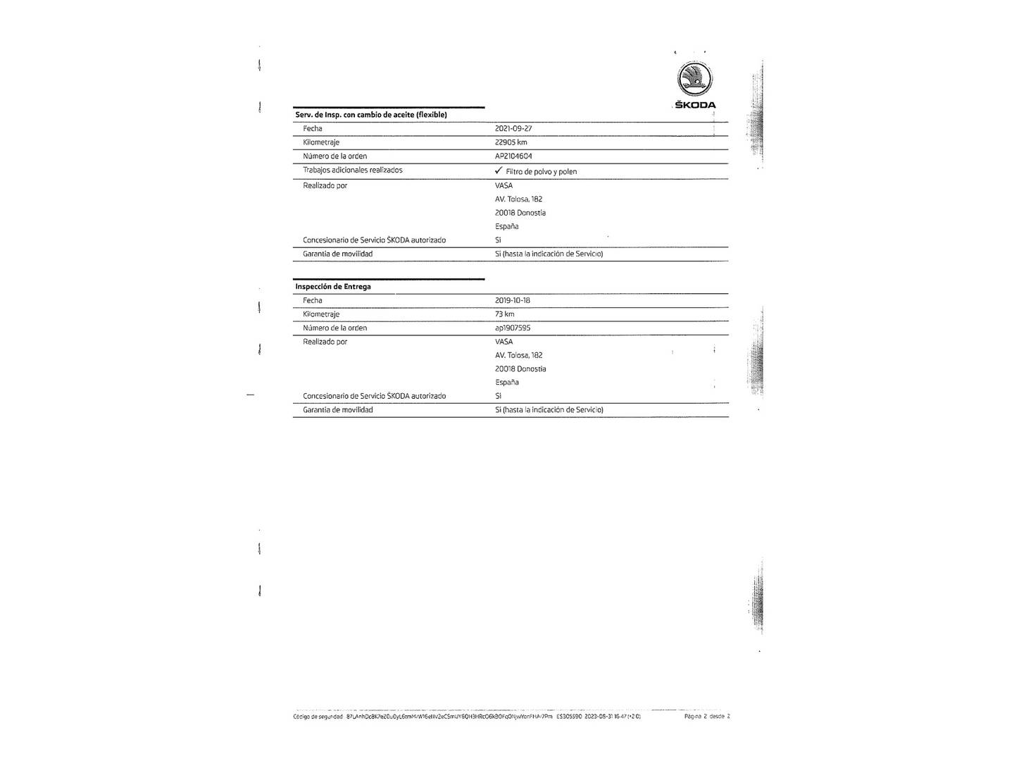 Foto del mantenimiento del Skoda Scala Skoda Scala 1.0 TSI Ambition (115 CV)