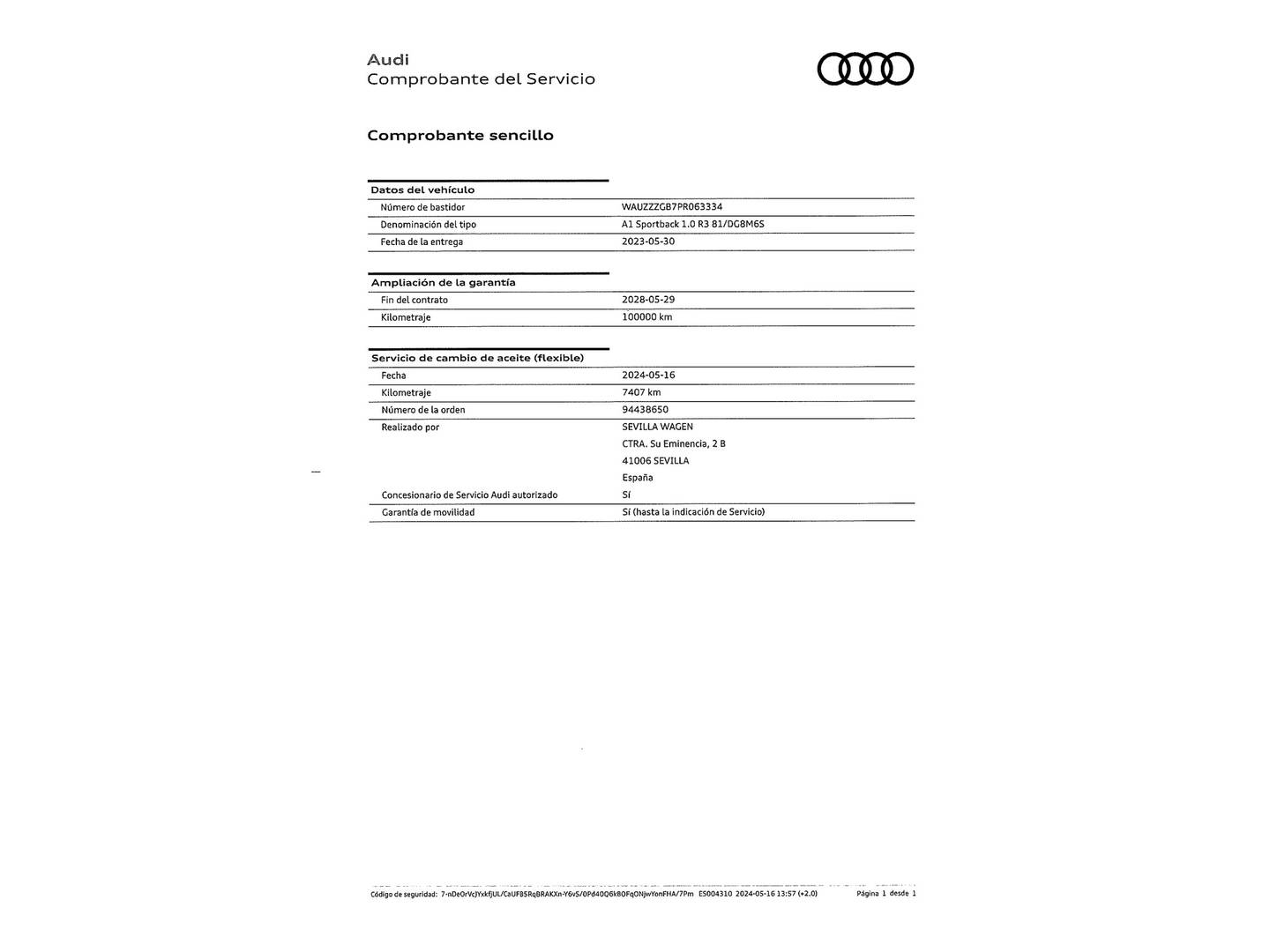 Foto del mantenimiento del Audi A1 Audi A1 Sportback Adrenalin 30 TFSI (110 CV) Pack S-Line
