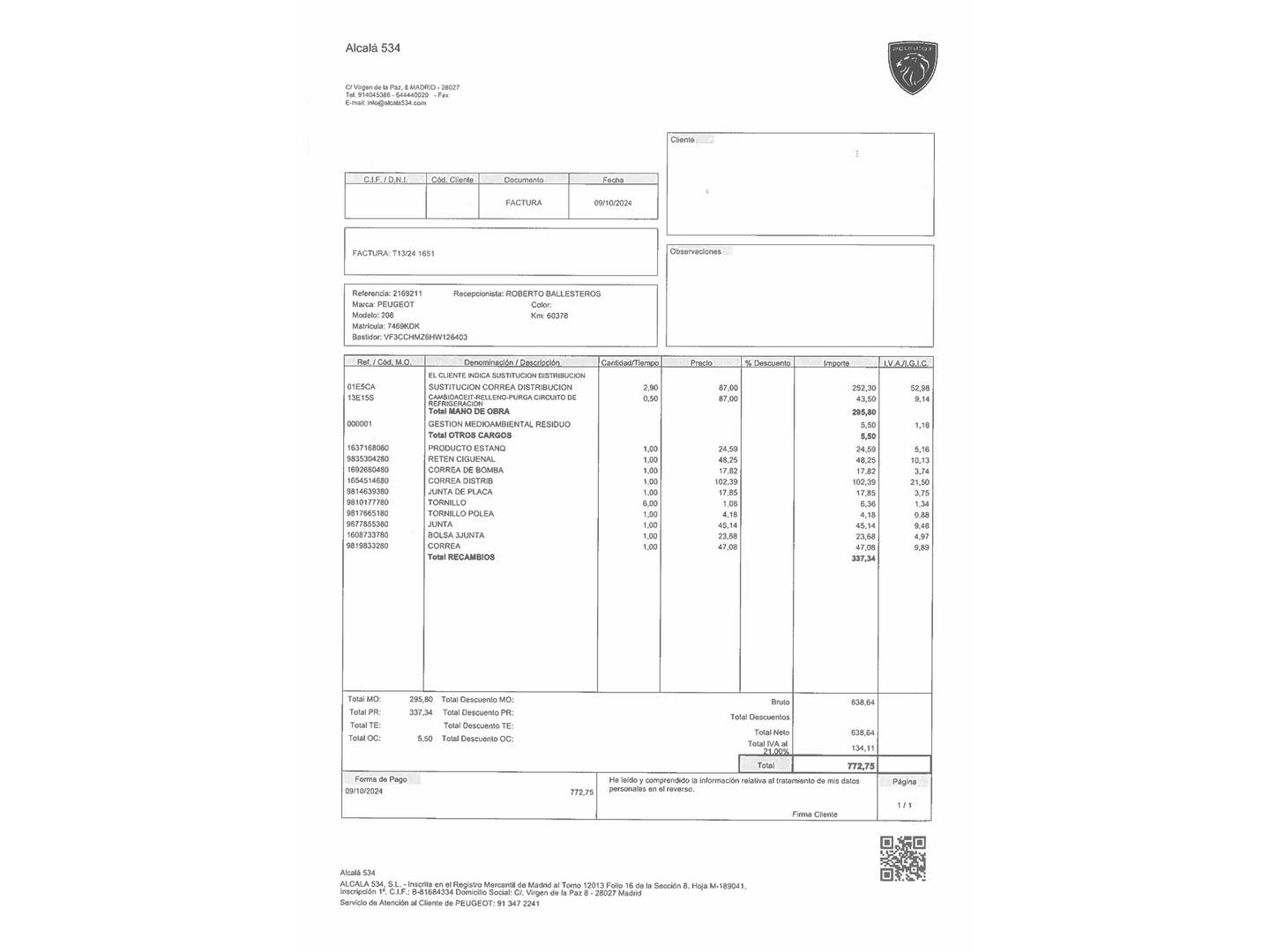 Foto del mantenimiento del Peugeot 208 Peugeot 208 1.2 PureTech Allure (82 CV)
