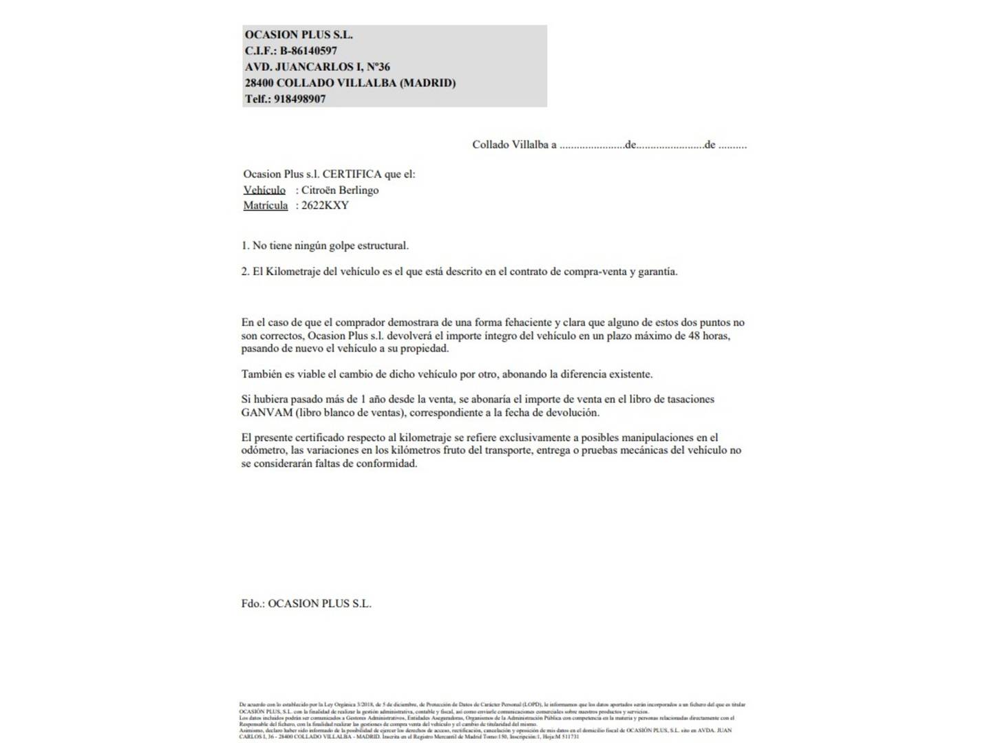 Foto del certificado del Citroën Berlingo Citroën Berlingo BlueHDi 130 S&S Talla XL Feel EAT8 (130 CV) 7 Plazas