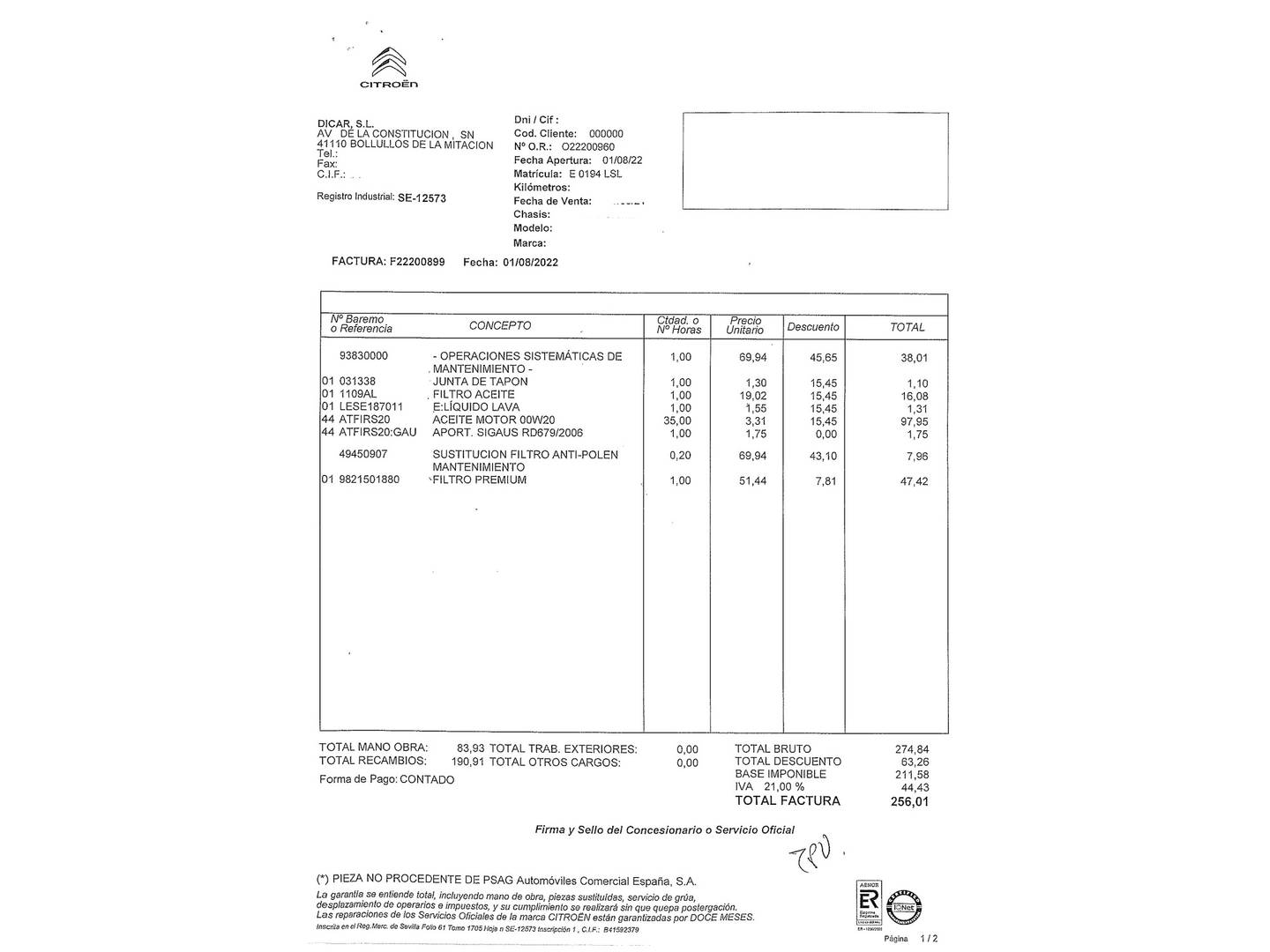 Foto del mantenimiento del Citroën C5 Aircross Citroën C5 Aircross PureTech 130 S&S Live Pack (131 CV)