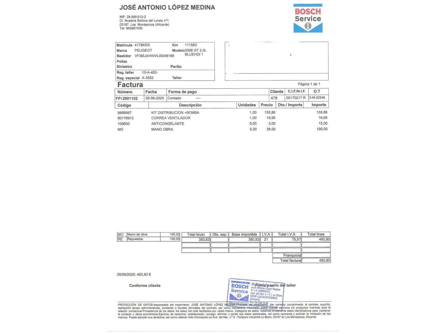 Foto del mantenimiento del Peugeot 3008 Peugeot 3008 2.0 BlueHDi S&S GT AUTO (180 CV)