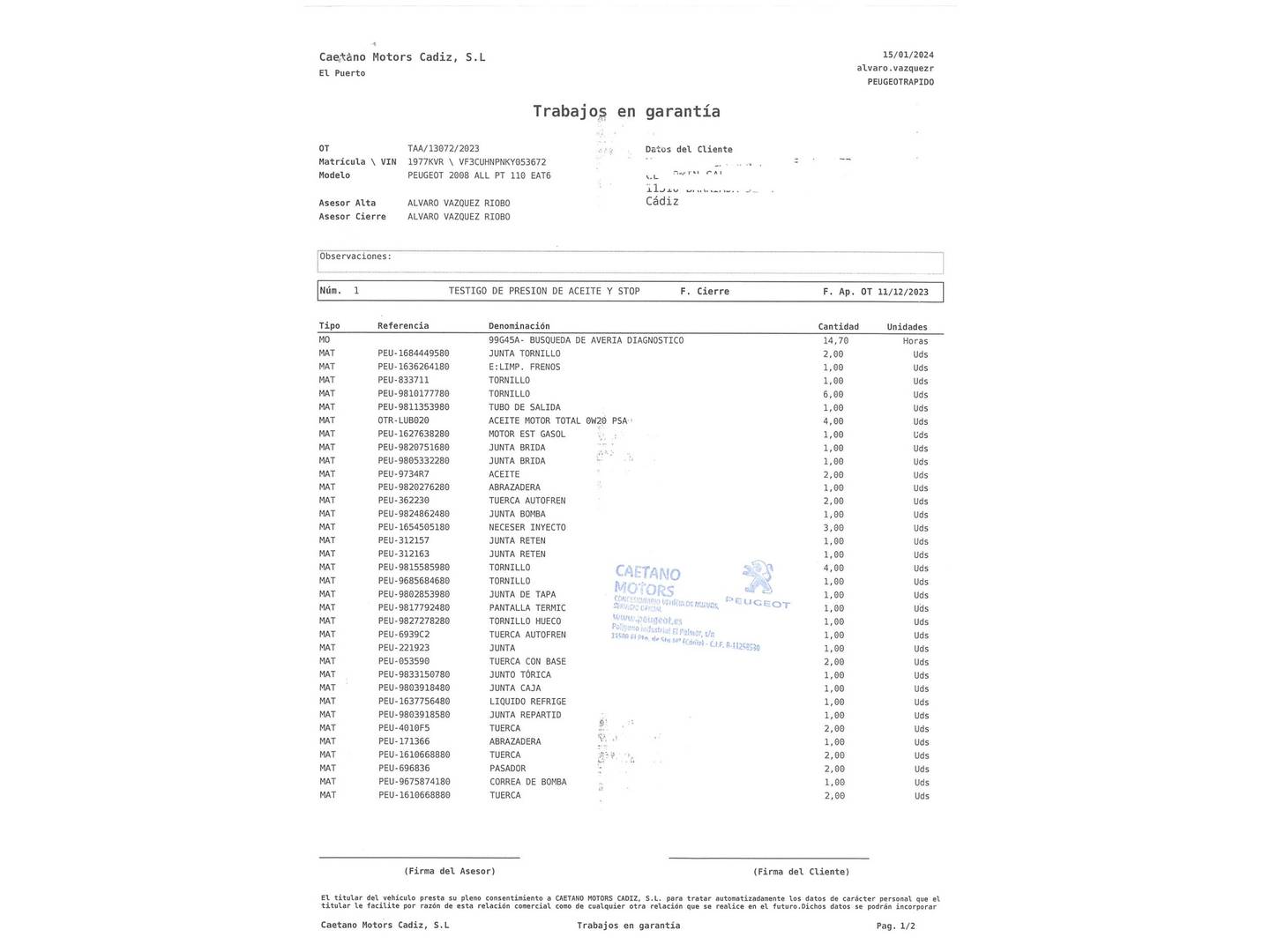 Foto del mantenimiento del Peugeot 2008 Peugeot 2008 PureTech 110 Allure EAT6 (110 CV)