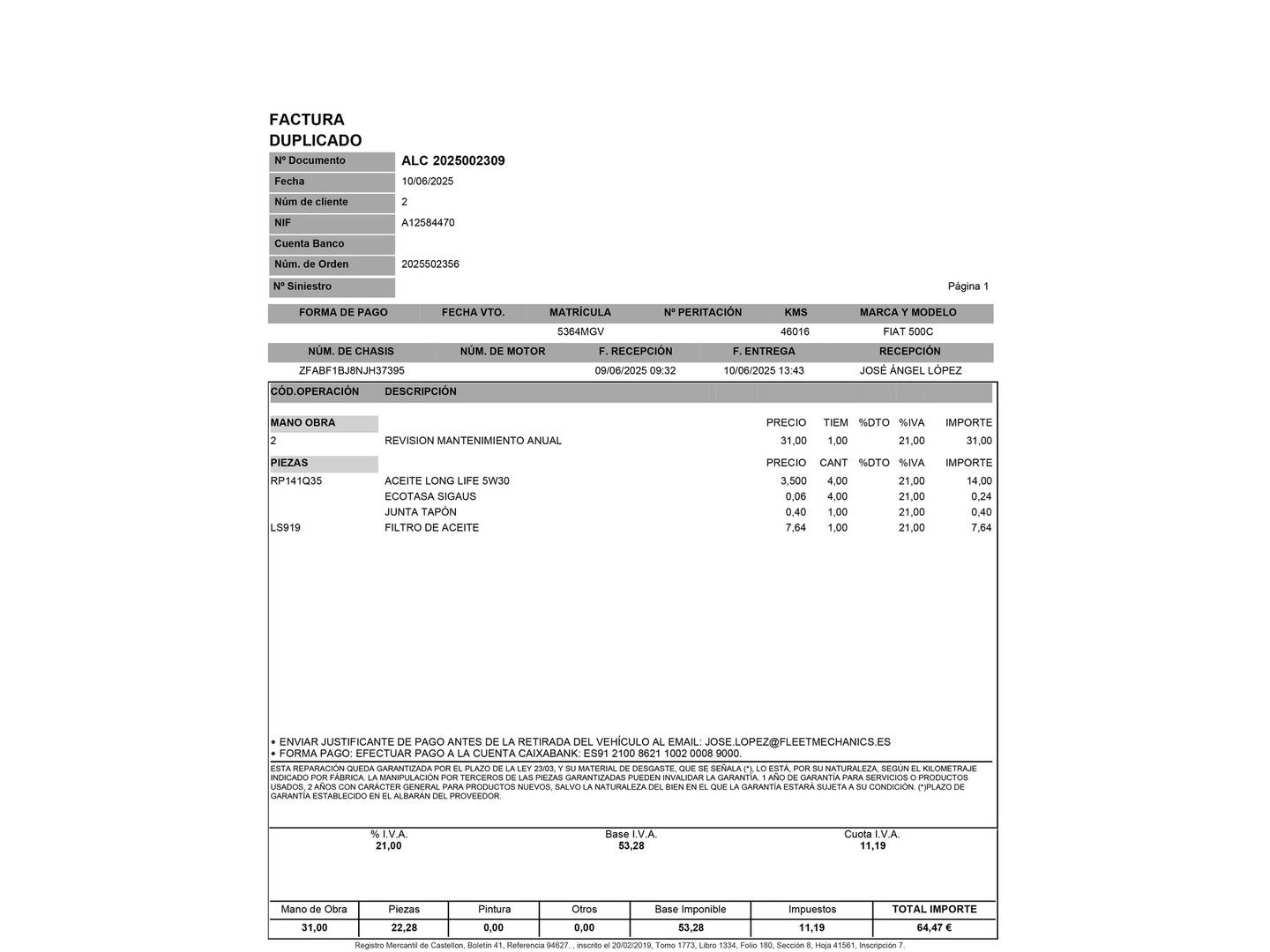 Foto del mantenimiento del Fiat 500C Fiat 500C 1.0 Hybrid Club (70 CV)