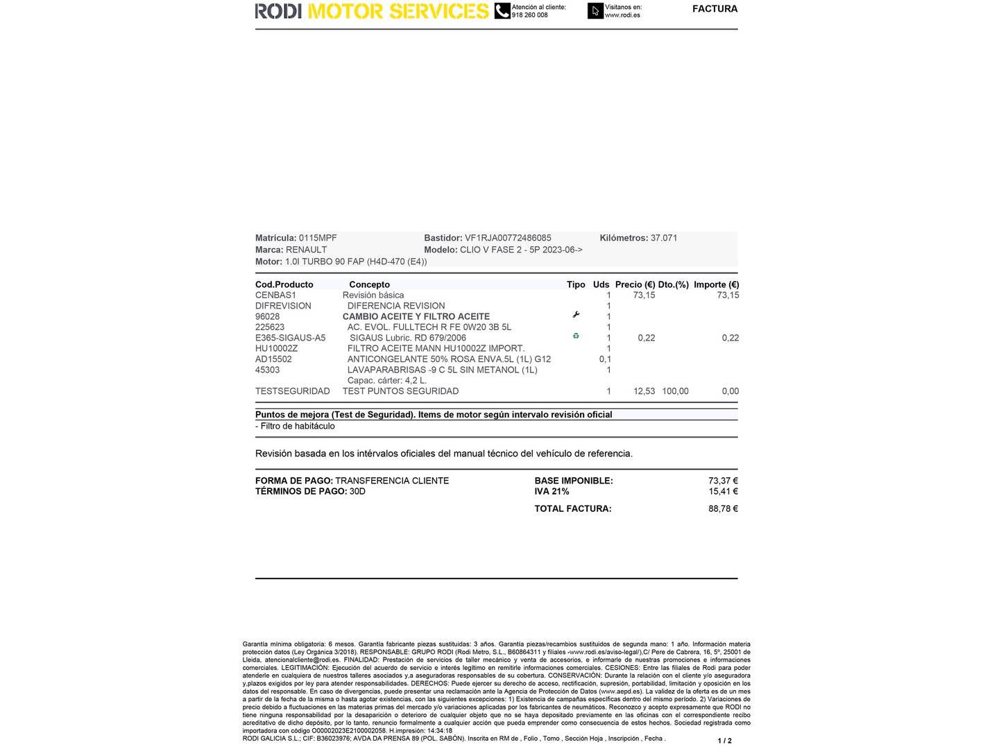Foto del mantenimiento del Renault Clio Renault Clio Techno TCe (90 CV)