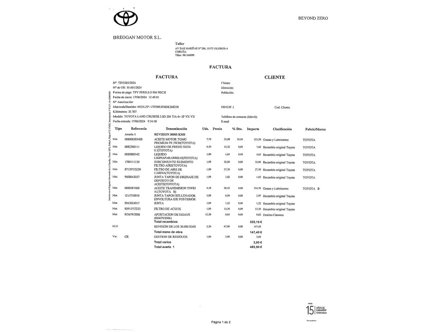 Foto del mantenimiento del Toyota Land Cruiser Toyota Land Cruiser 2.8 D-4D VX Auto (204 CV) 7 Plazas
