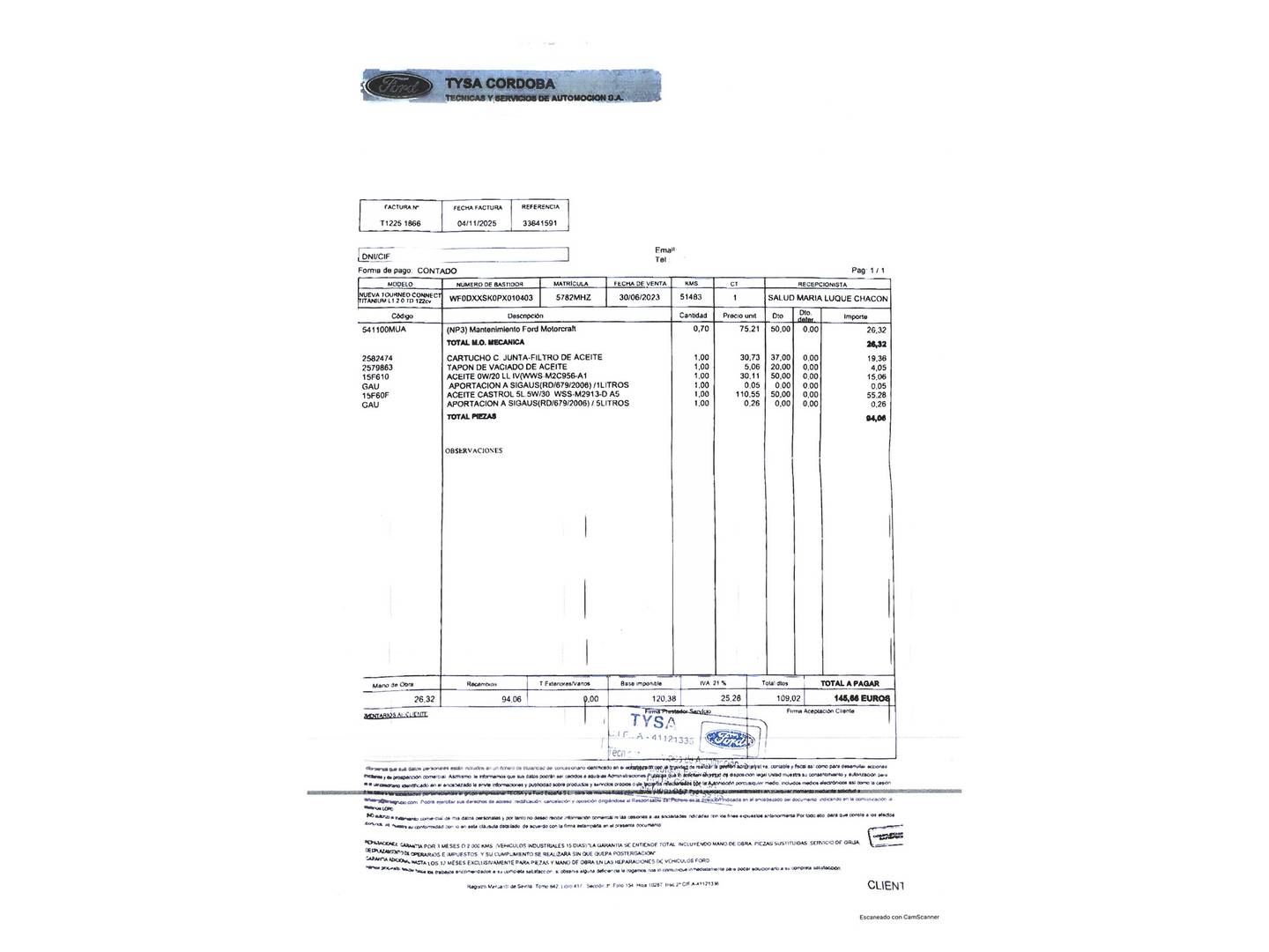 Foto del mantenimiento del Ford Tourneo Connect Ford Tourneo Connect 2.0 Ecoblue S&S Titanium (122 CV)