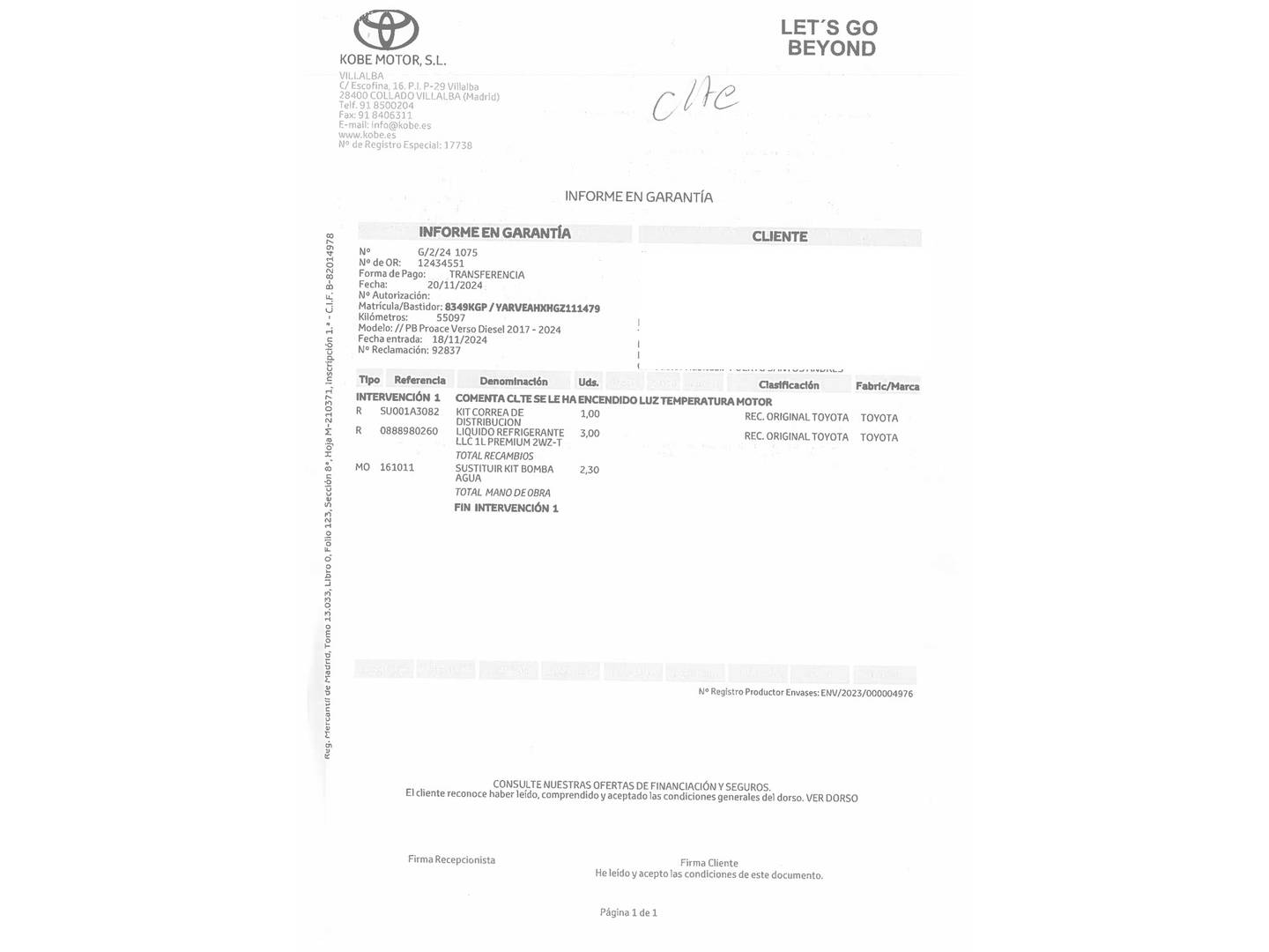 Foto del mantenimiento del Toyota Proace Verso Toyota Proace Verso 2.0D Family Medio Advance (150 CV) 8 Plazas