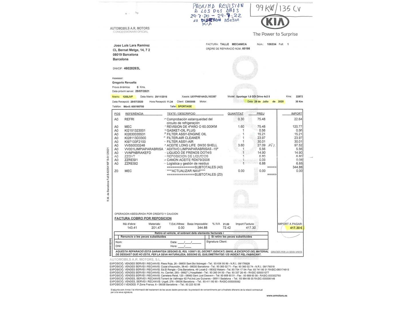 Foto del mantenimiento del KIA Sportage KIA Sportage 1.6 GDi Drive 4x2 (132 CV)