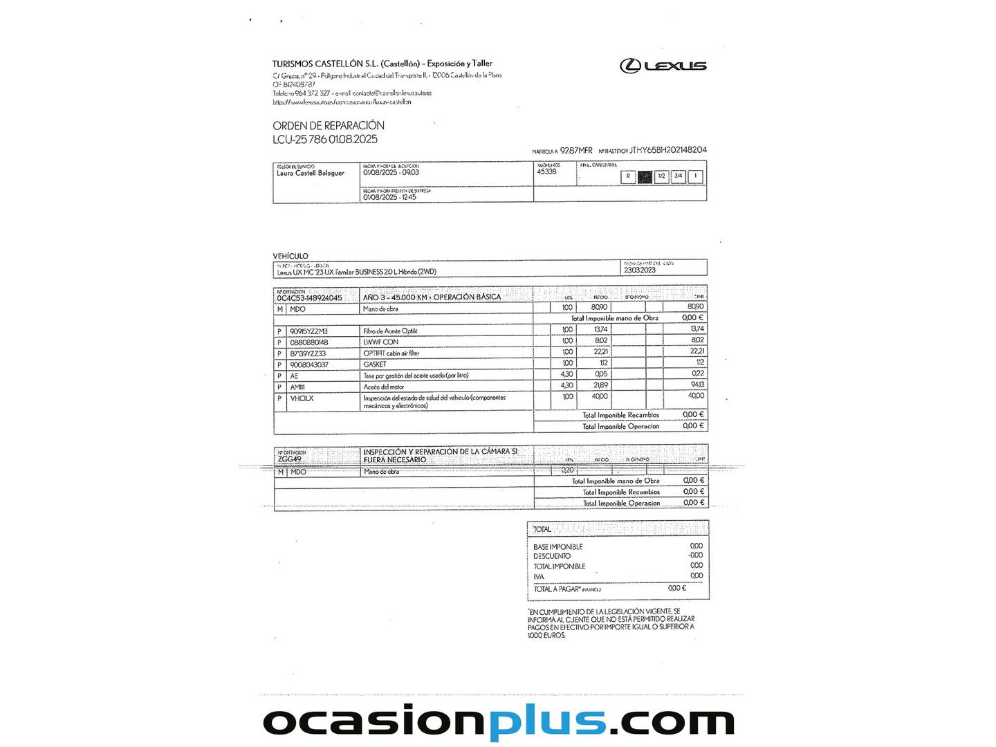 Foto del mantenimiento del Lexus UX Lexus UX 250h Business City (184 CV)