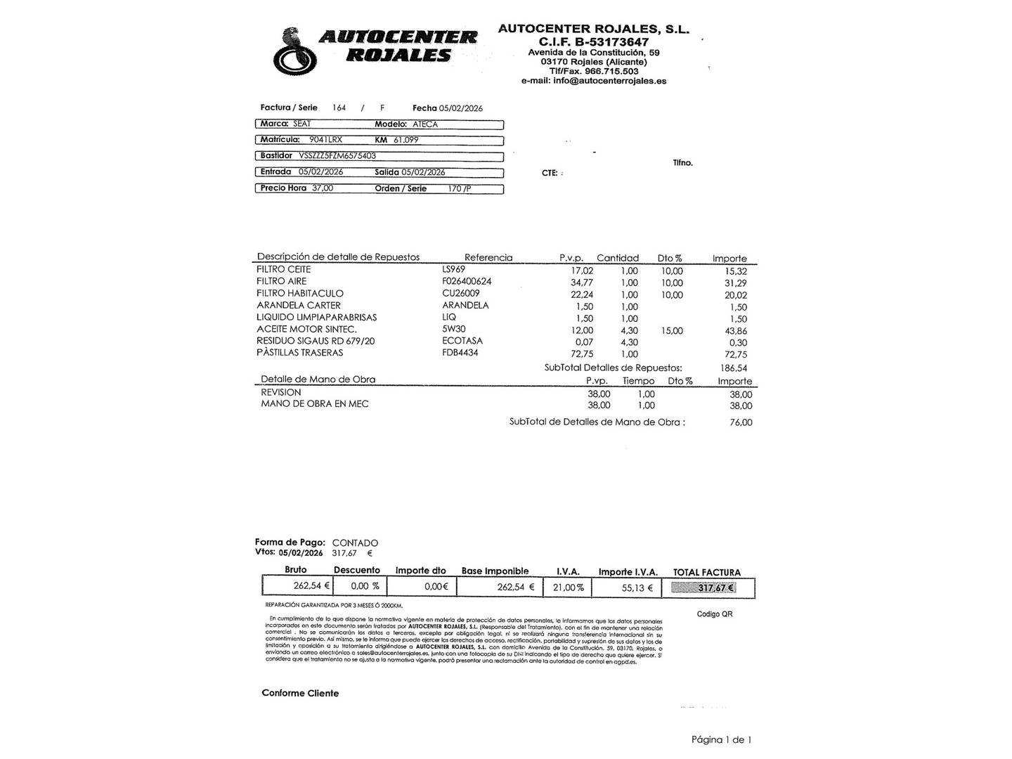 Foto del mantenimiento del Seat Ateca SEAT Ateca 1.5 TSI X-Perience Go L (150 CV)