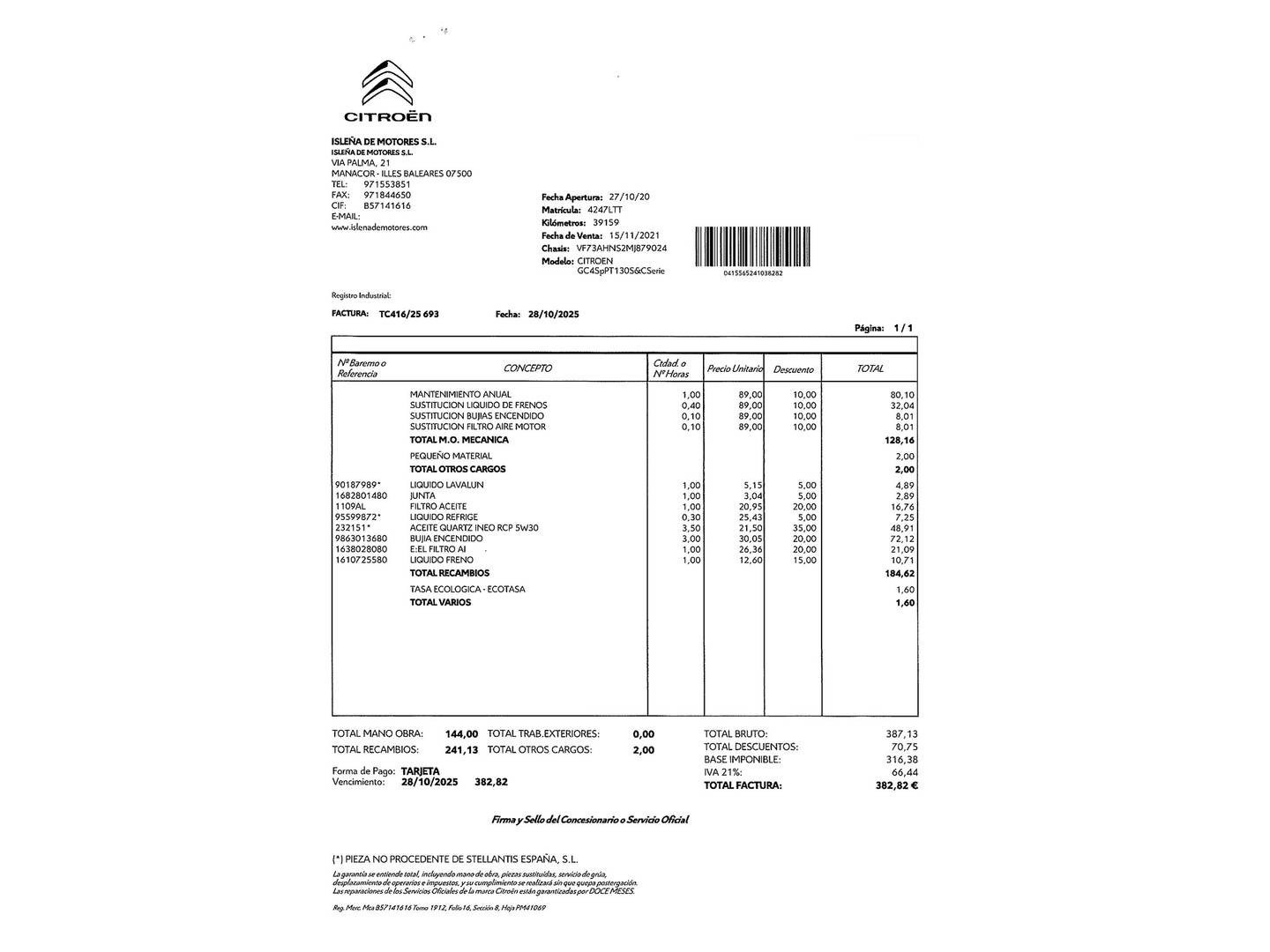 Foto del mantenimiento del Citroën Grand C4 Spacetourer Citroën Grand C4 Spacetourer PureTech 130 S&S 6v C-Series (131 CV) 7 Plazas