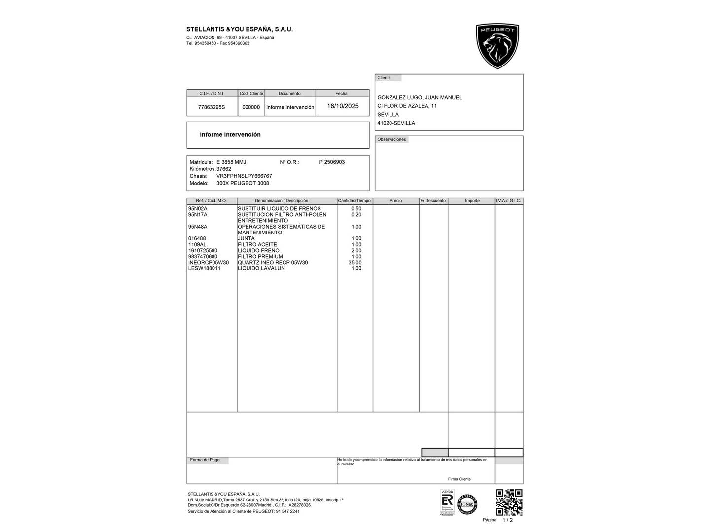 Foto del mantenimiento del Peugeot 308 Peugeot 308 PureTech 130 S&S Allure Pack (130 CV)