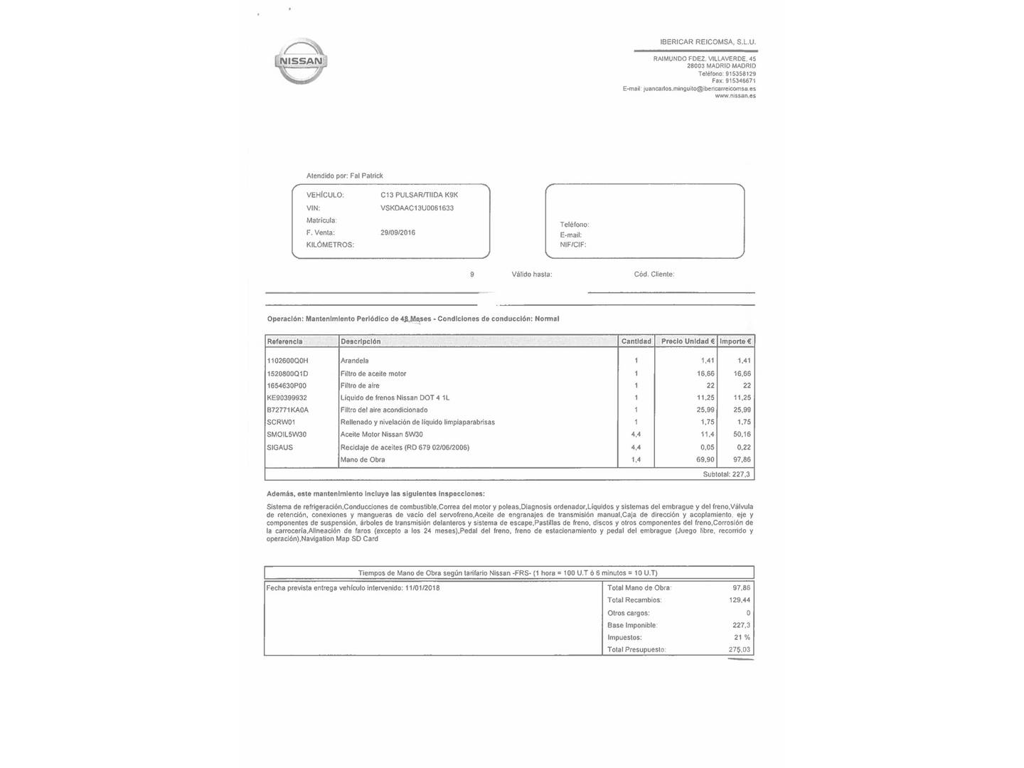 Foto del mantenimiento del Nissan PULSAR Nissan Pulsar 1.5 dCi Acenta (110 CV)