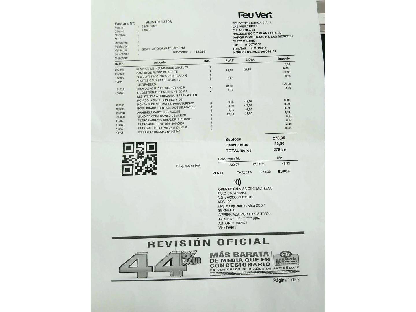 Foto del mantenimiento del Seat Arona Seat Arona 1.0 TSI Style Go2 (110 CV)