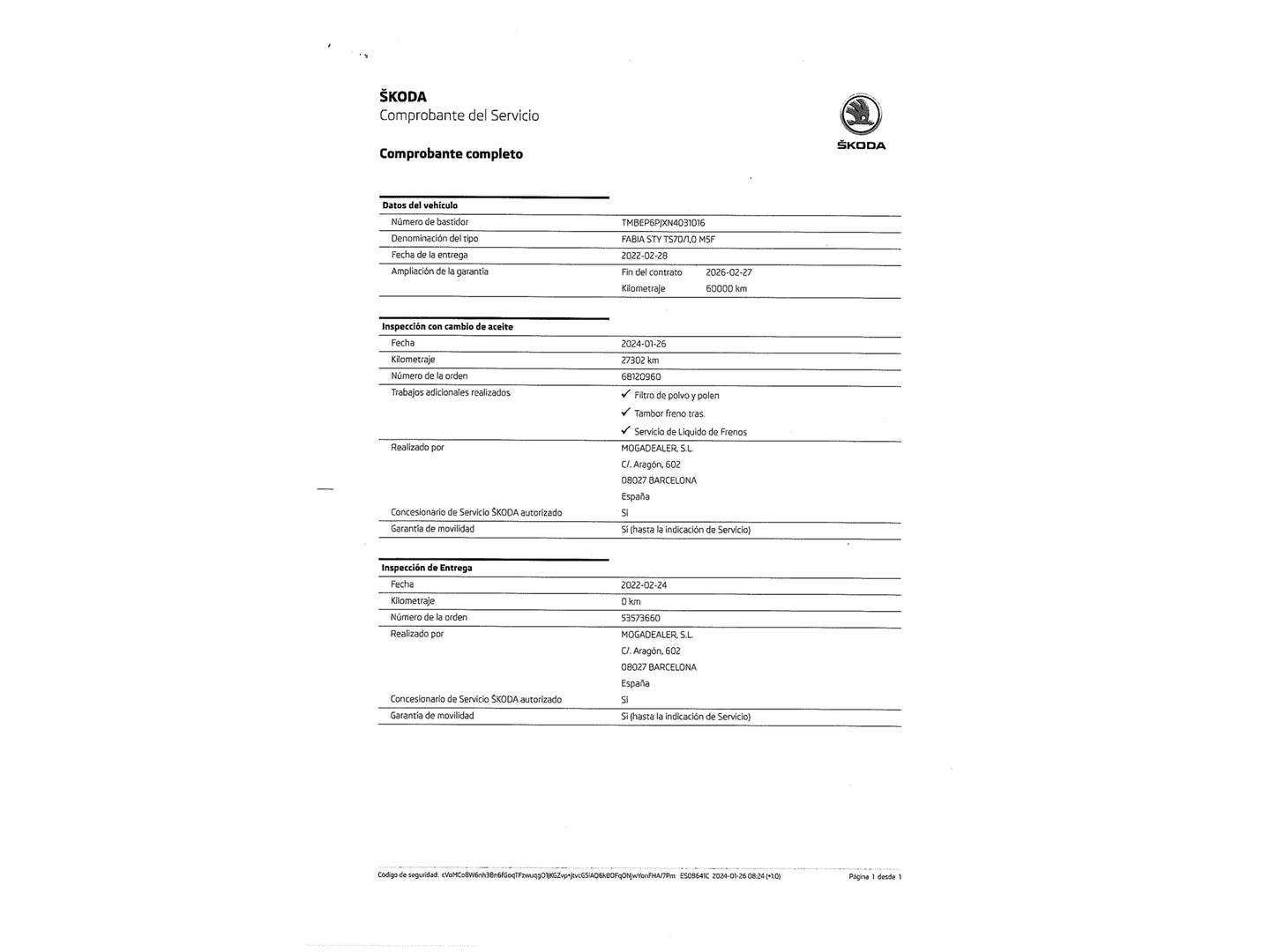 Foto del mantenimiento del Skoda Fabia Skoda Fabia 1.0 TSI Style (95 CV)