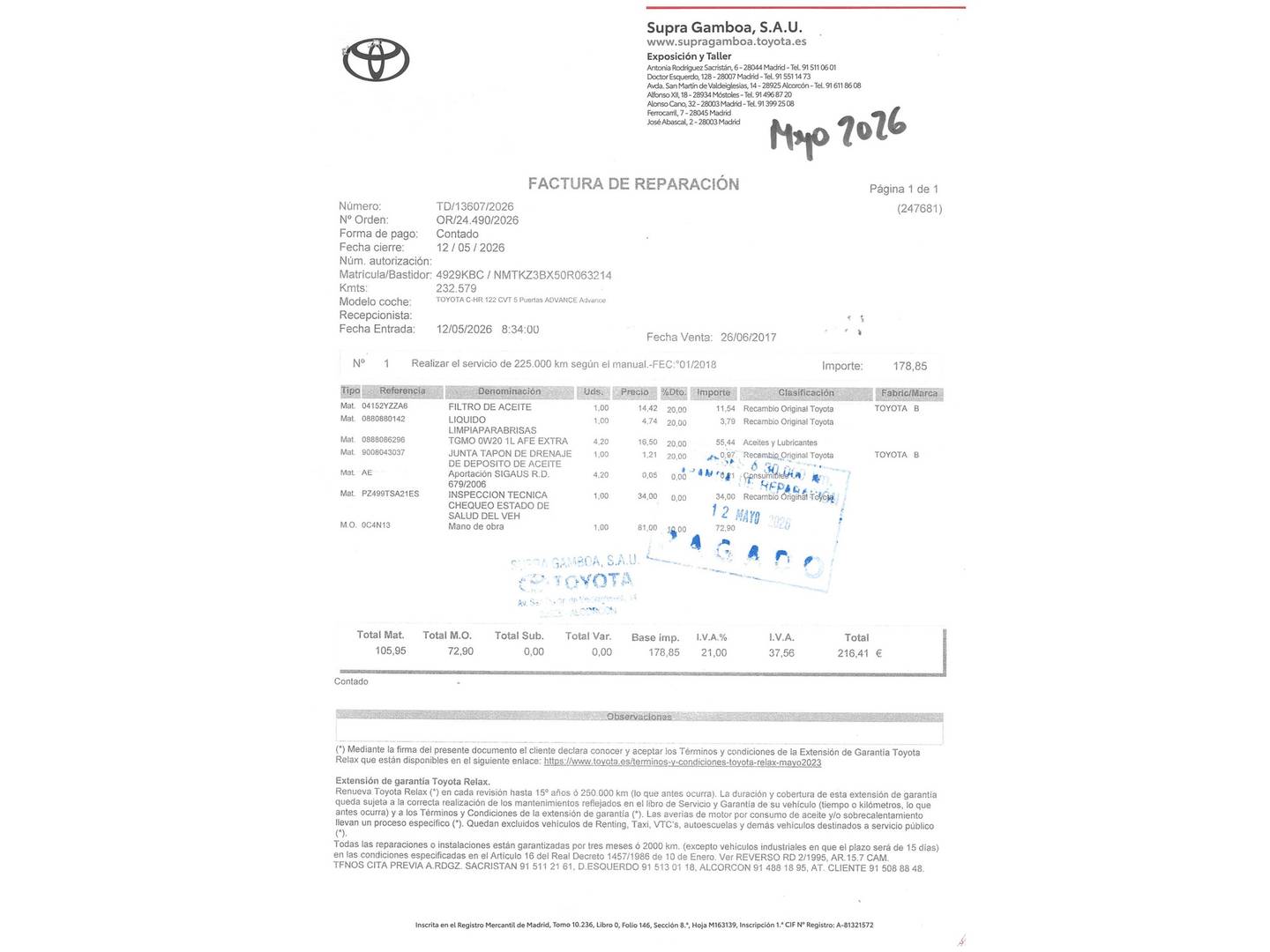 Foto del mantenimiento del Toyota C-HR Toyota C-HR 1.8 125H Advance (122 CV)