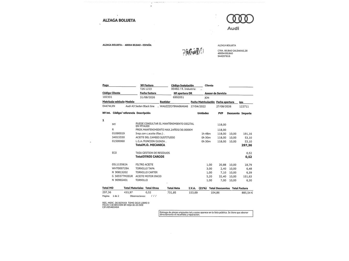 Foto del mantenimiento del Audi A3 Audi A3 Sedan Black line 35 TDI (150 CV) S tronic Pack S-Line