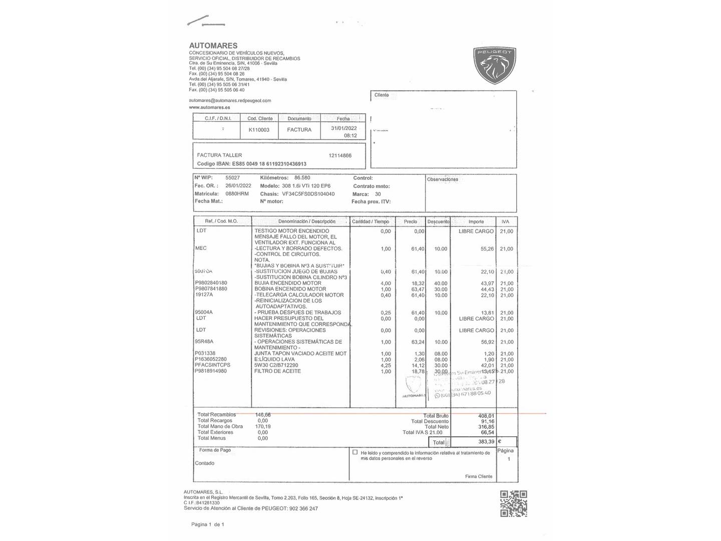 Foto del mantenimiento del Peugeot 308 Peugeot 308 1.6 VTi Active (120 CV)