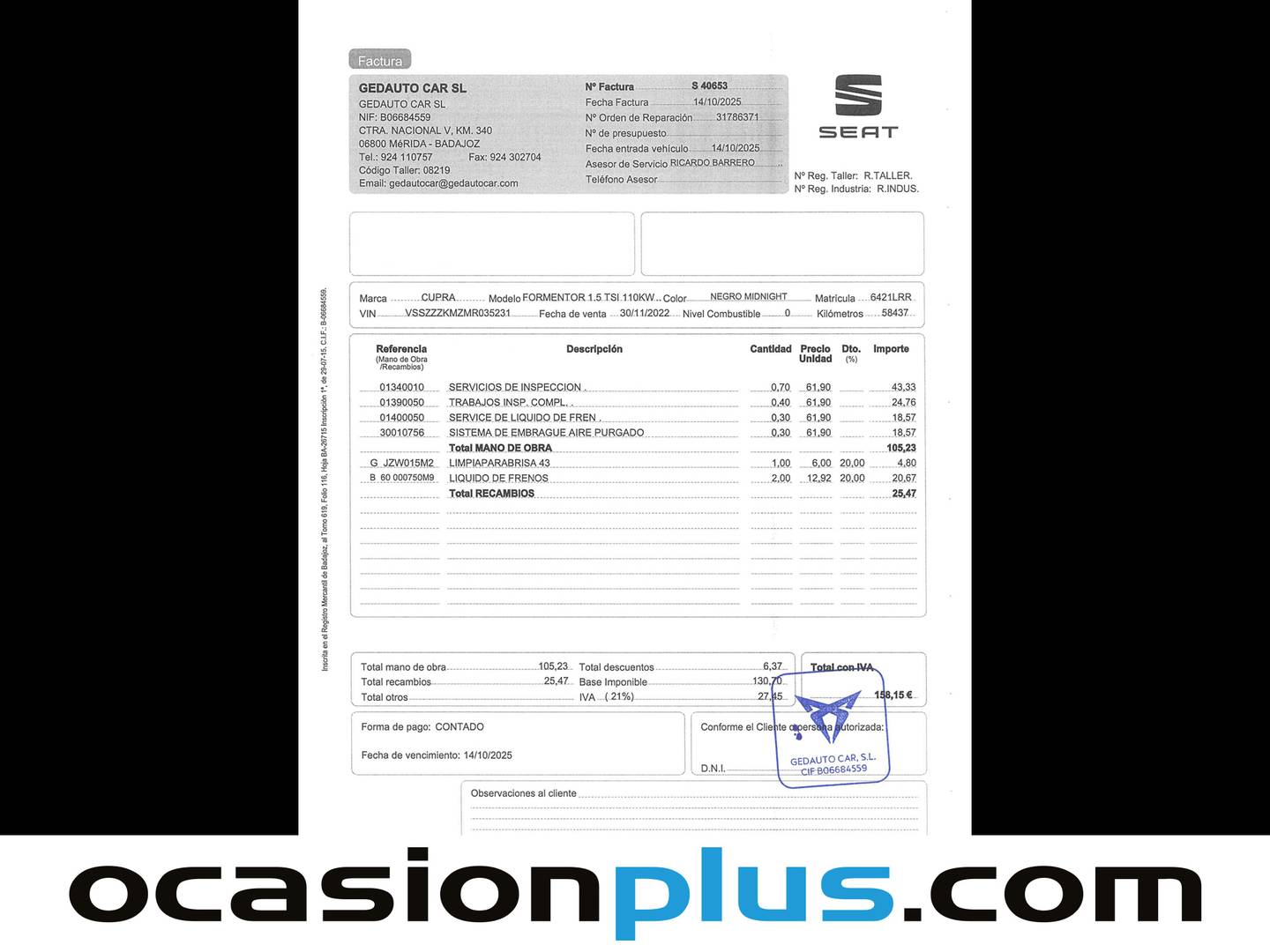 Foto del mantenimiento del Cupra Formentor CUPRA Formentor 1.5 TSI (150 CV)