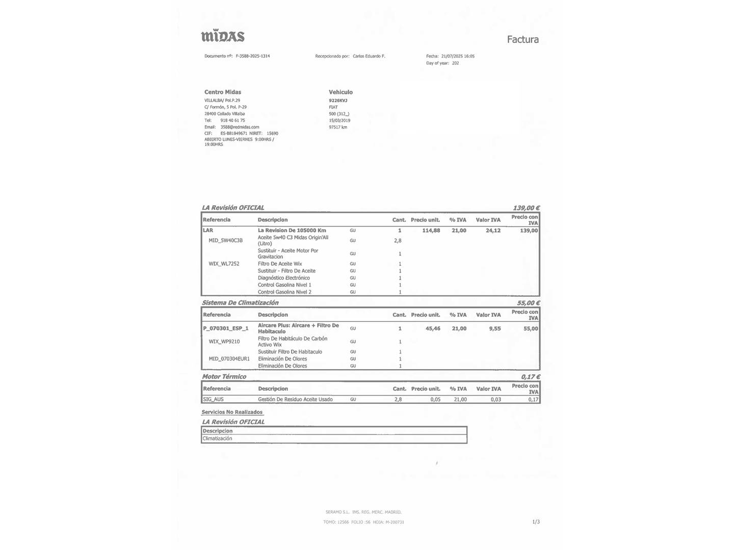 Foto del mantenimiento del Fiat 500 Fiat 500 1.2 8v Lounge (69 CV)