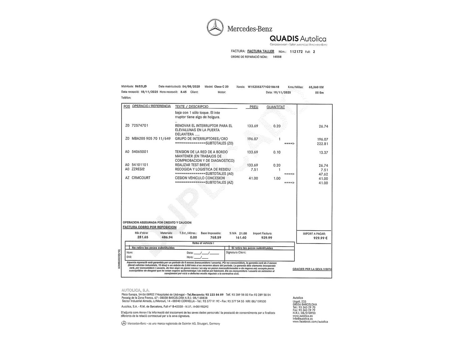 Foto del mantenimiento del Mercedes Clase C Mercedes Clase C C 200 Coupe (184 CV) Paquete AMG