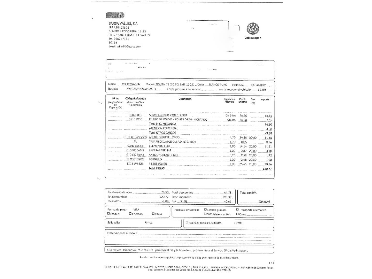 Foto del mantenimiento del Volkswagen Tiguan Volkswagen Tiguan T1 2.0 TDI BMT 4x2 (110 CV)
