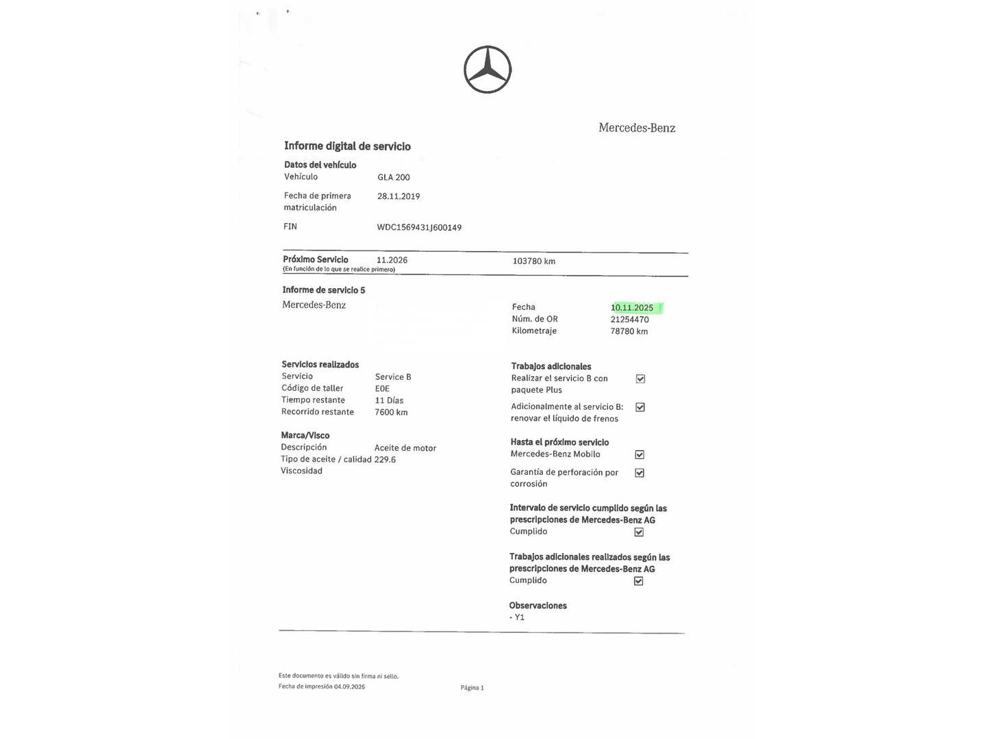 Foto del mantenimiento del Mercedes GLA Mercedes GLA 200 (156 CV) Pack AMG
