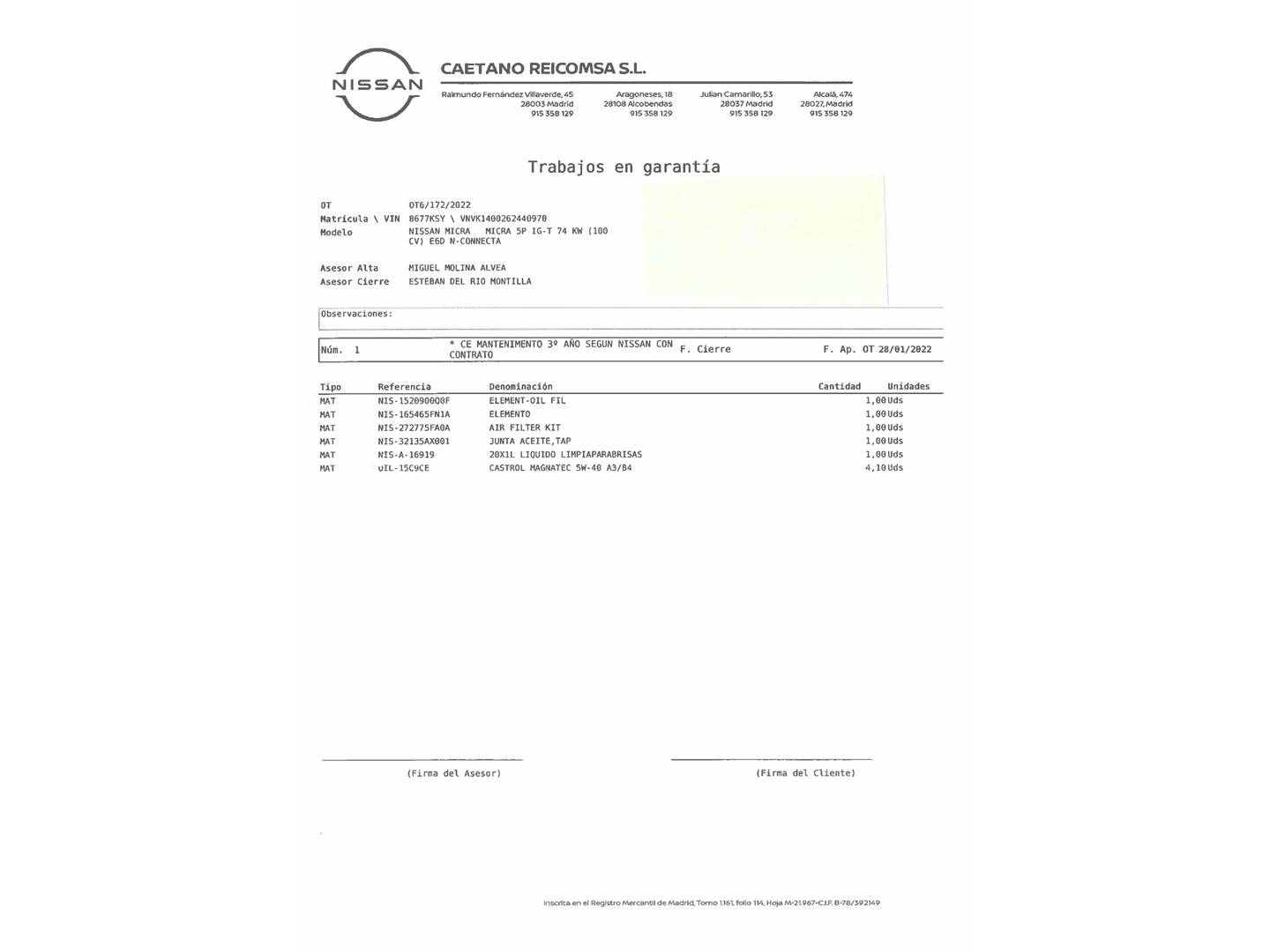 Foto del mantenimiento del Nissan Micra Nissan Micra IG-T N-Connecta (100 CV)