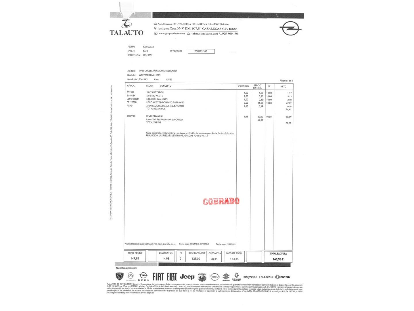 Foto del mantenimiento del Opel Crossland X Opel Crossland X 1.2 S&S Design Line 120 Aniversario (110 CV)