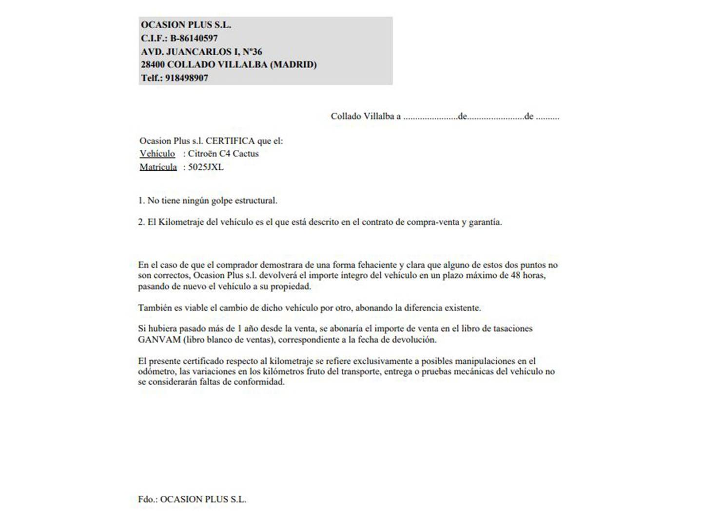 Foto del certificado del Citroën C4 Cactus Citroën C4 Cactus PureTech 110 S&S Feel (110 CV)
