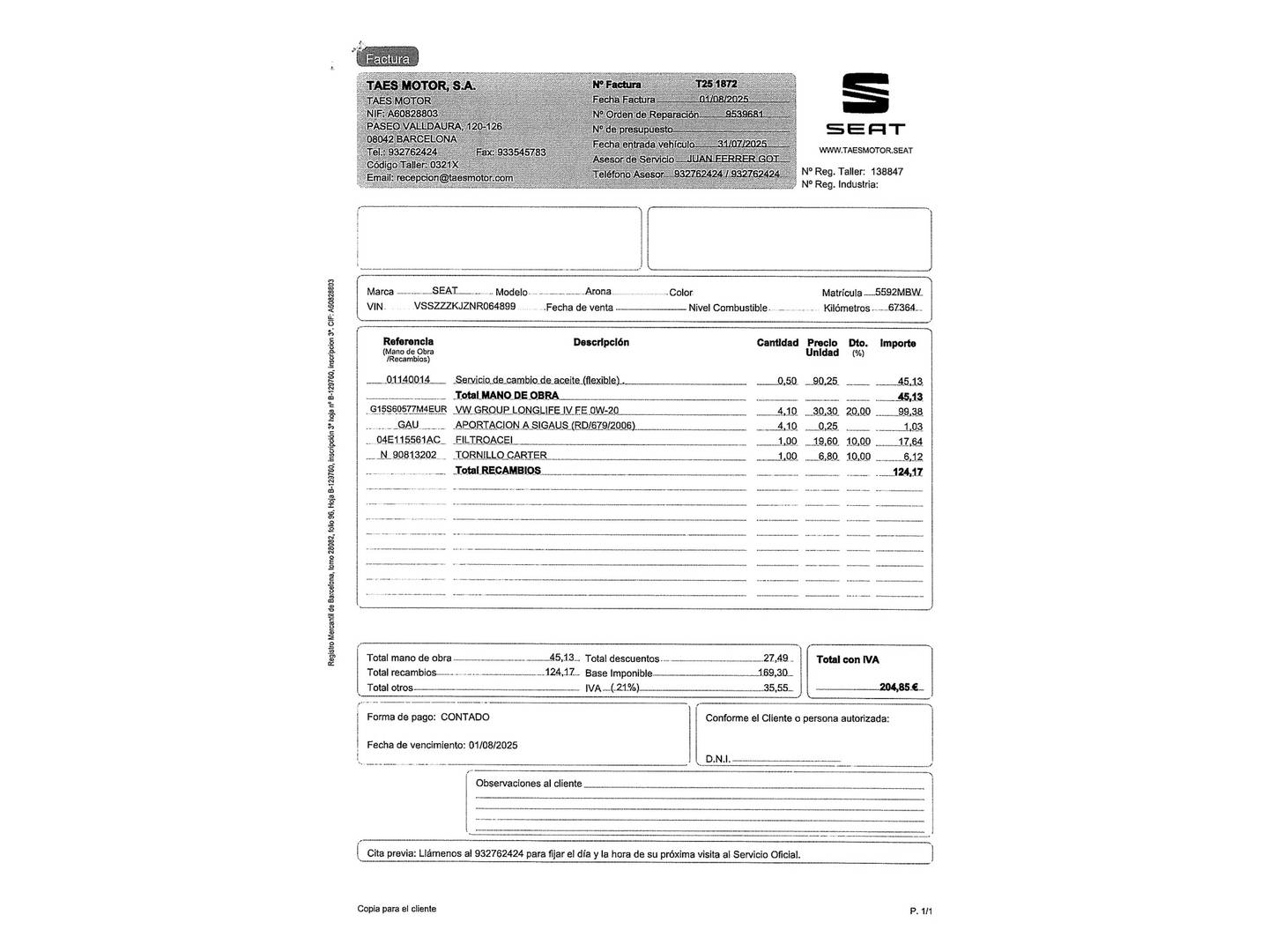 Foto del mantenimiento del Seat Arona Seat Arona 1.0 TSI Reference  (95 CV)