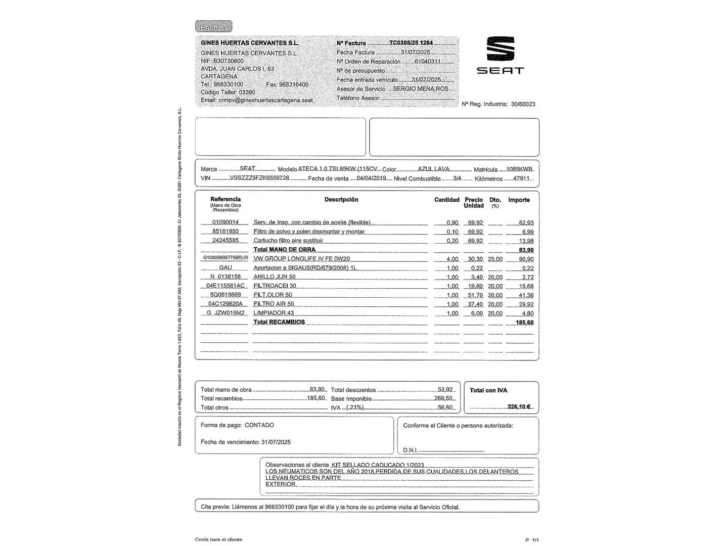 Foto del mantenimiento del Seat Ateca Seat Ateca 1.0 TSI S&S Ecomotive Style (115 CV)