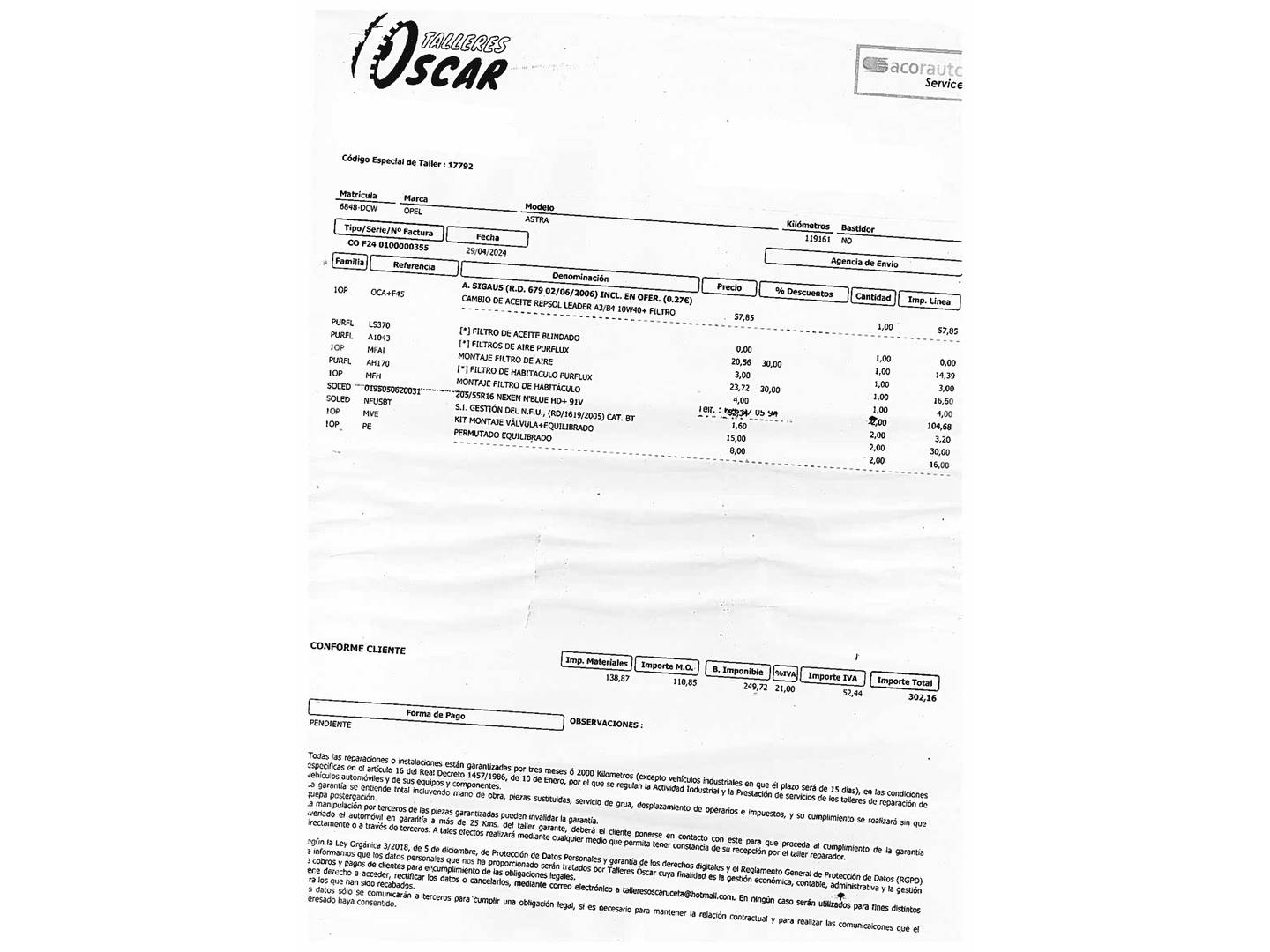 Foto del mantenimiento del Opel Astra Opel Astra 1.6 Enjoy (105 CV)