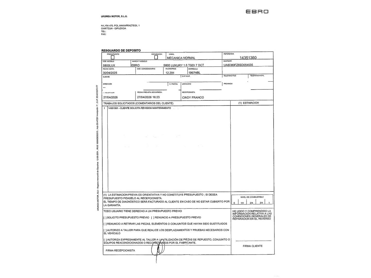 Foto del mantenimiento del EBRO S800 EBRO S800 1.6 TGDI Luxury DCT (147 CV) 7 plazas