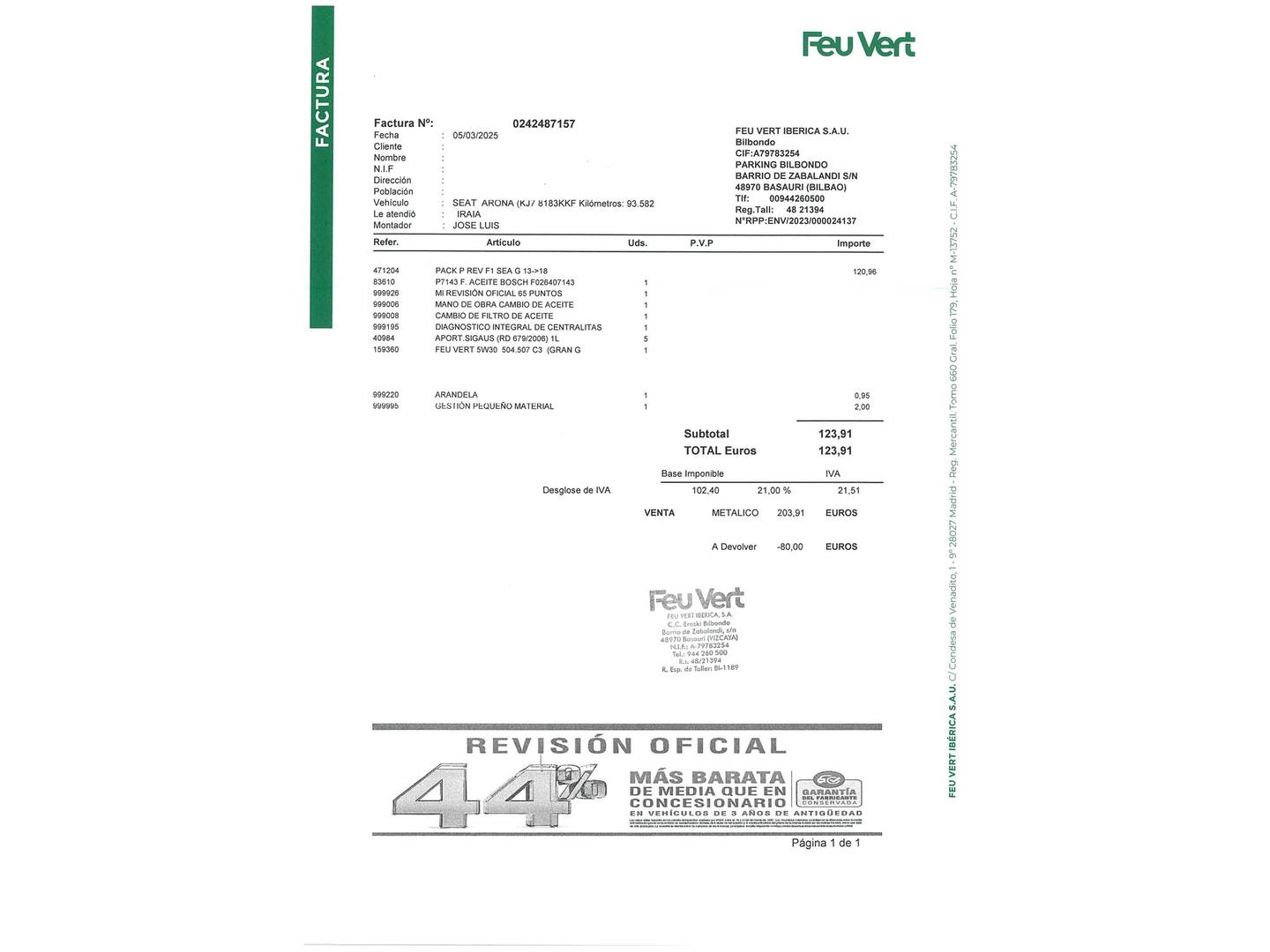 Foto del mantenimiento del Seat Arona SEAT Arona 1.0 TSI Ecomotive S&S Xcellence (115 CV)