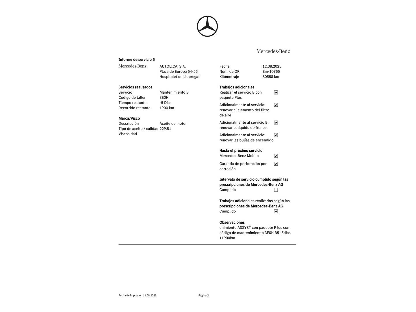 Foto del mantenimiento del Mercedes Clase C Mercedes Clase C C 200  (184 CV)