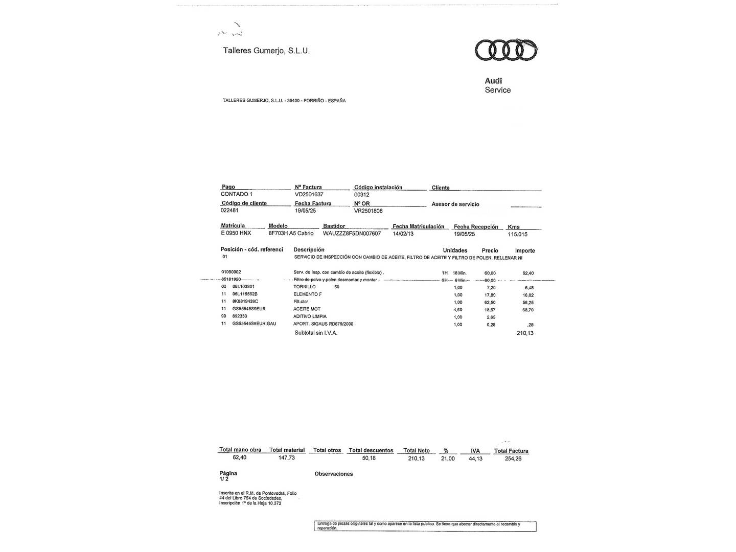 Foto del mantenimiento del Audi A5 Audi A5 Cabrio 1.8 TFSI (170 CV) multitronic