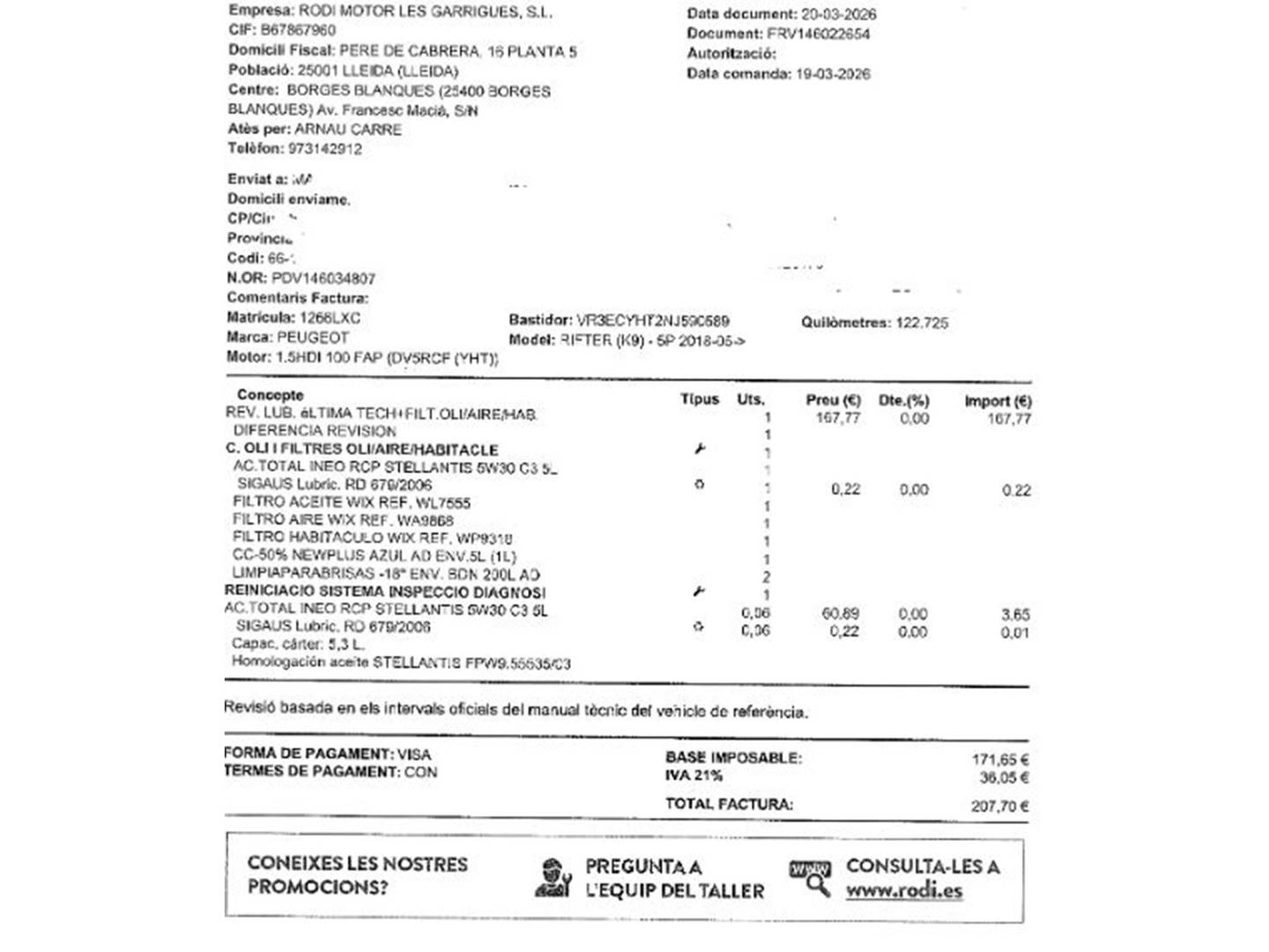 Foto del mantenimiento del Peugeot Rifter Peugeot Rifter Style Standard BlueHDi (100 CV)