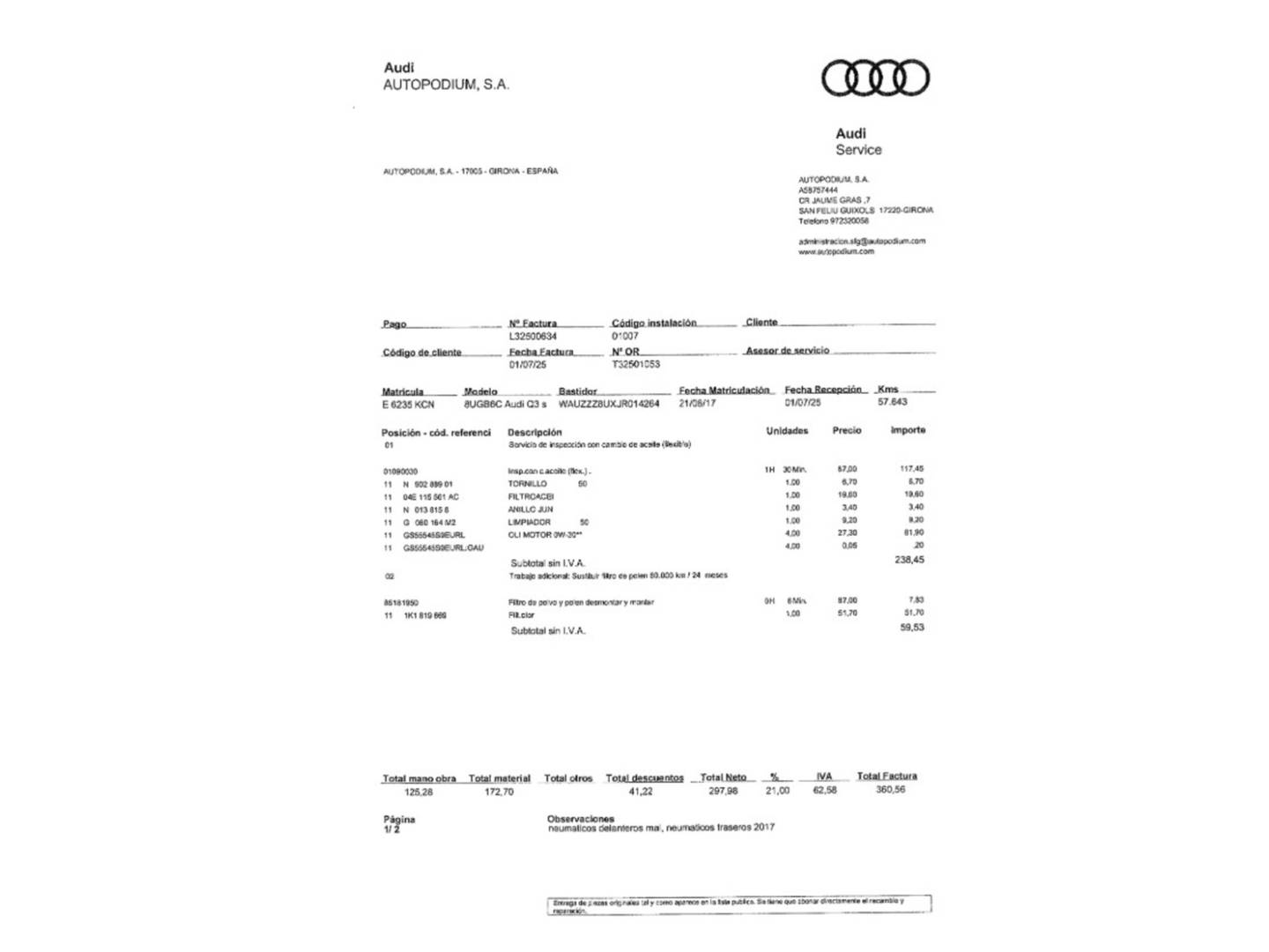 Foto del mantenimiento del Audi Q3 Audi Q3 sport edition 1.4 TFSI CoD  (150 CV)