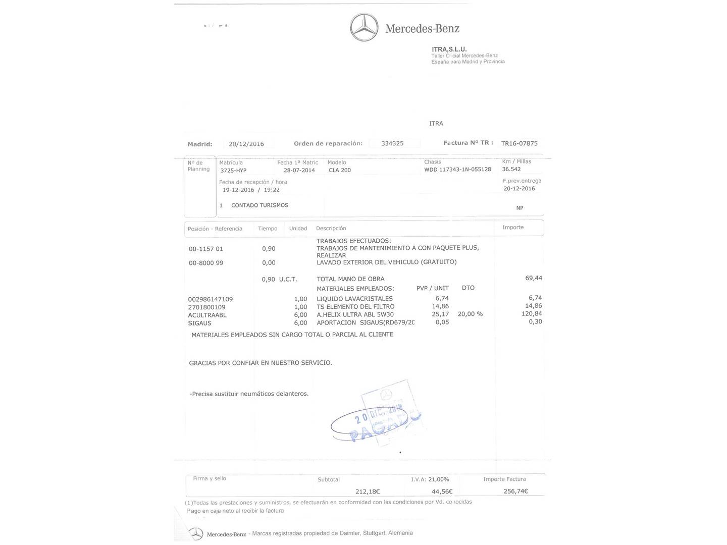 Foto del mantenimiento del Mercedes CLA Mercedes CLA CLA 200 (156 CV)